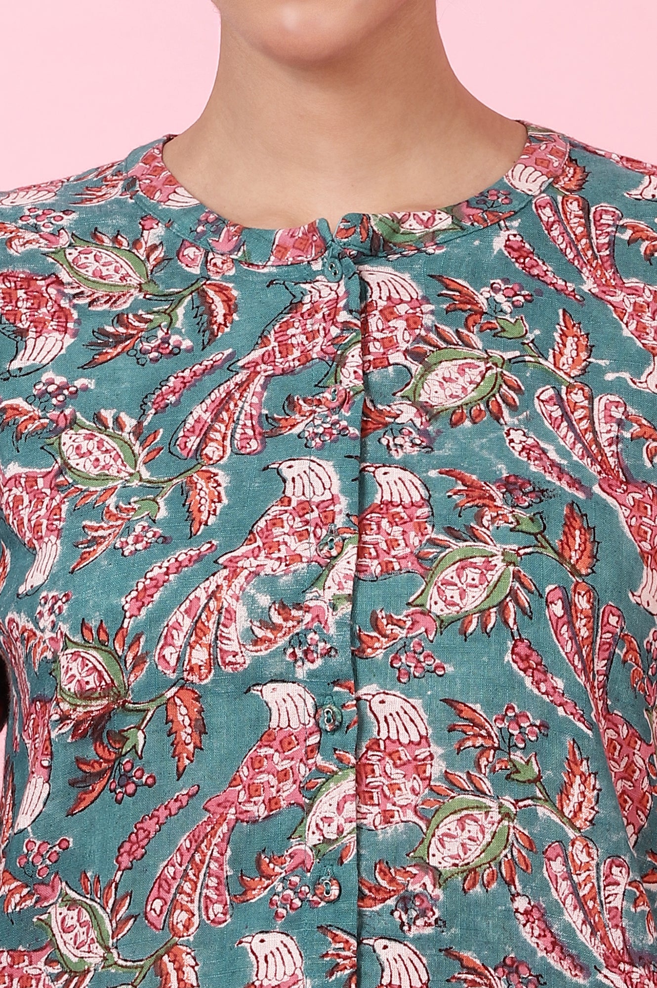 Teal Handblock Printed Shirt