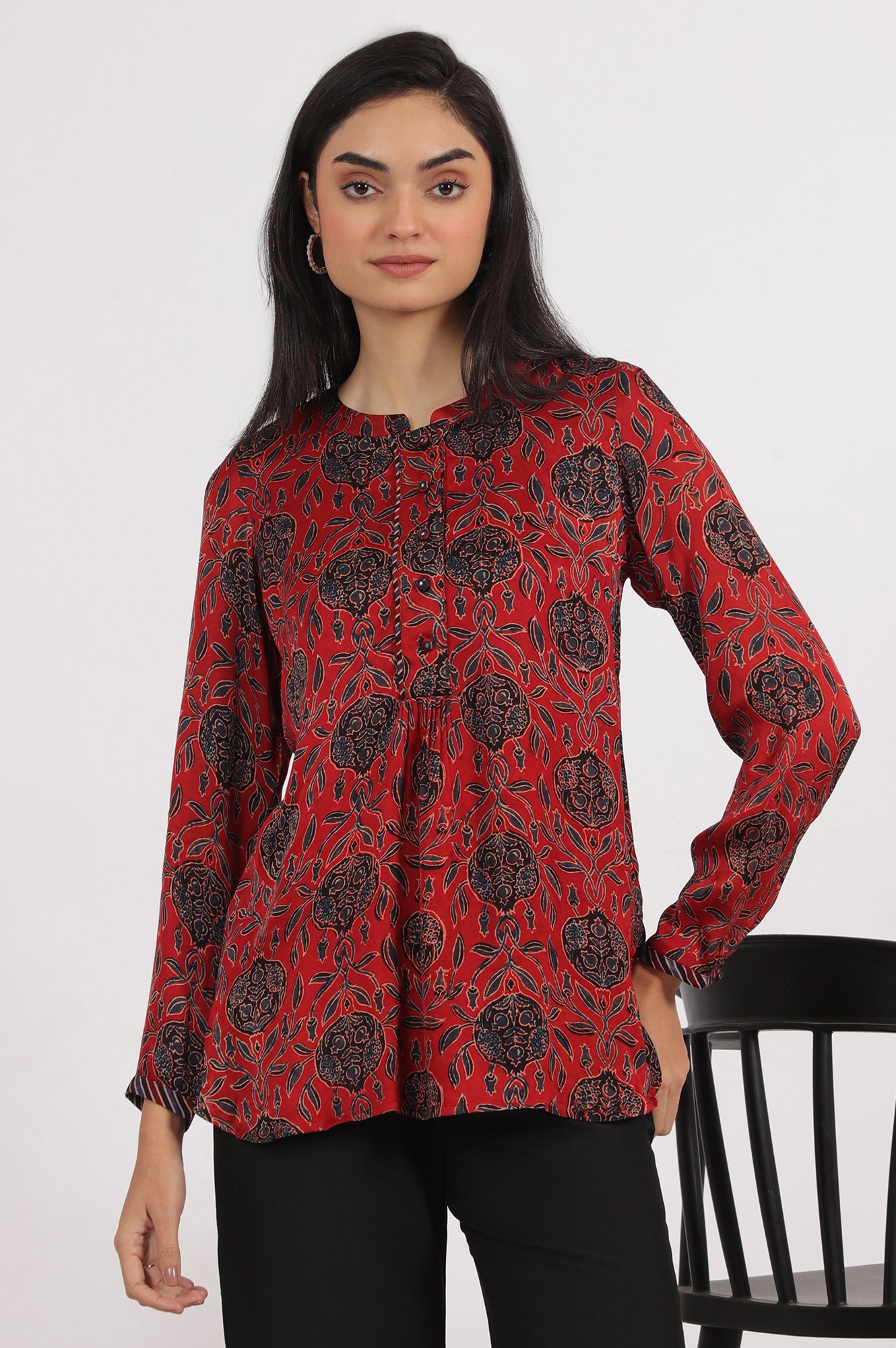 Brick Red Ajrakh printed Top in Fluid Modal Satin
