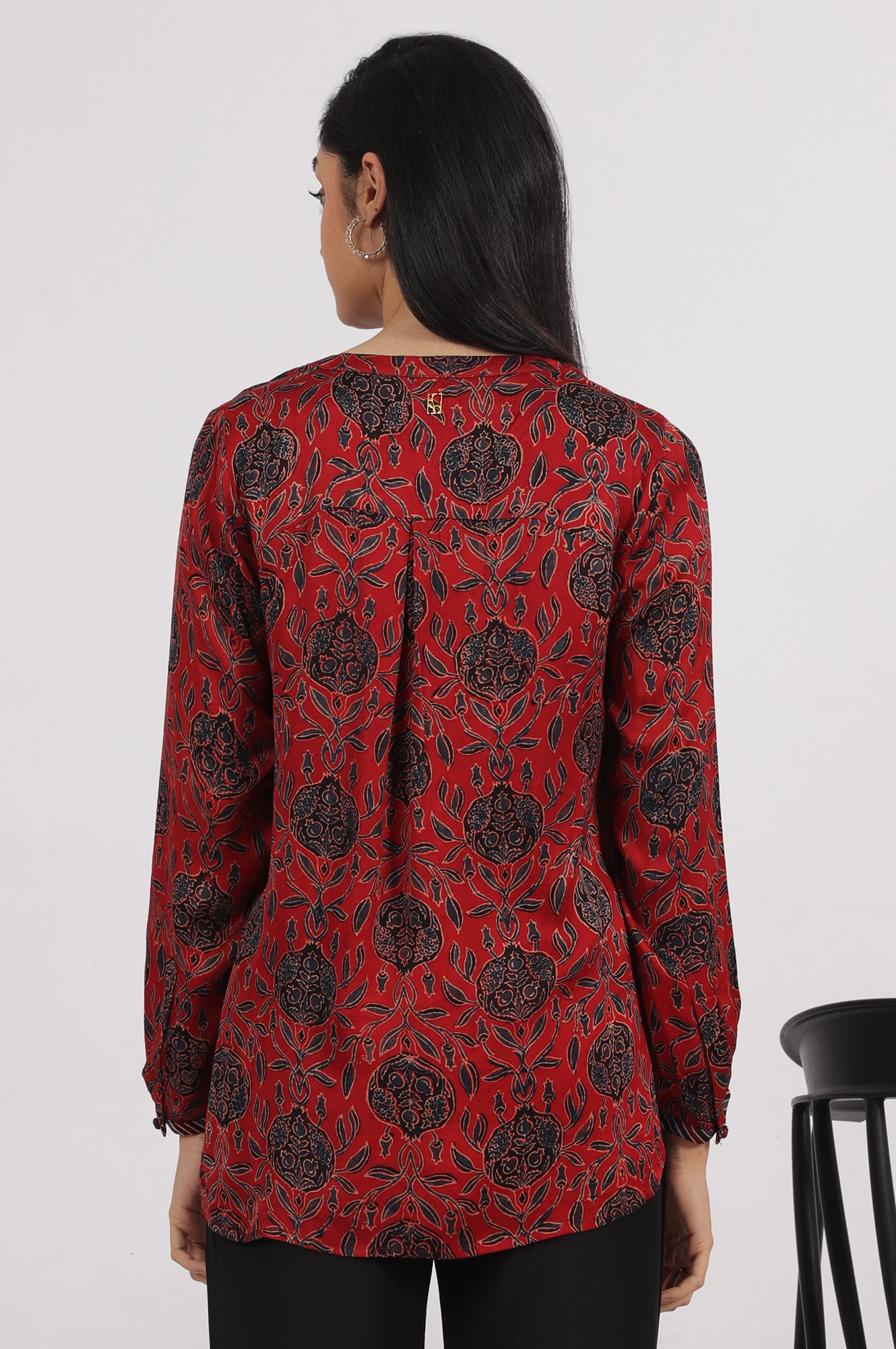 Brick Red Ajrakh printed Top in Fluid Modal Satin