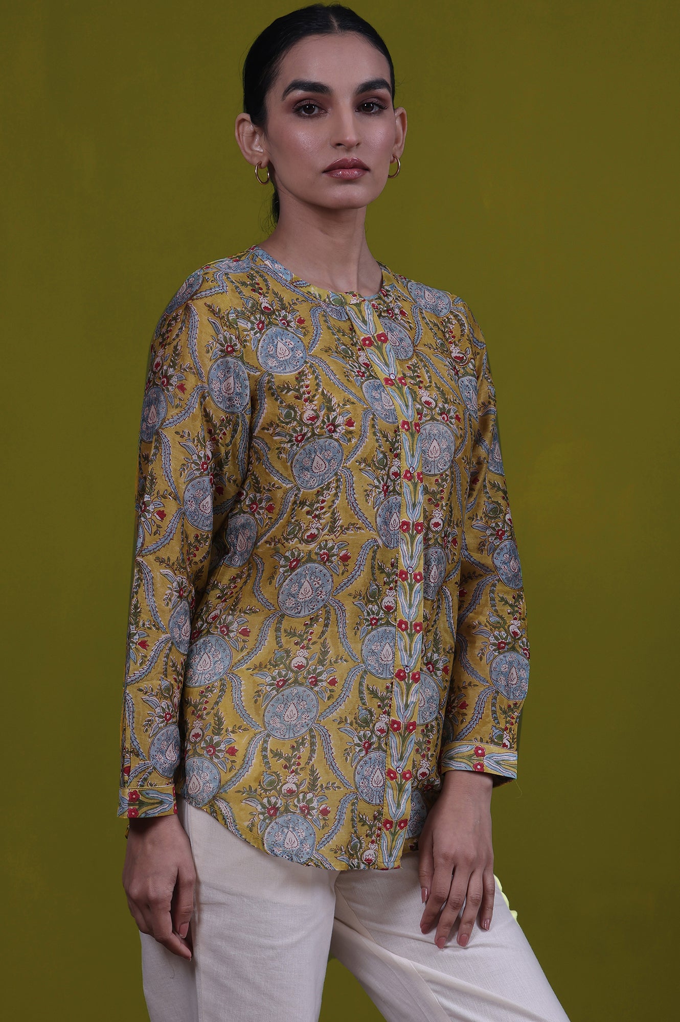 Yellow Floral Printed Mirror Work Straight Cotton Blend Top