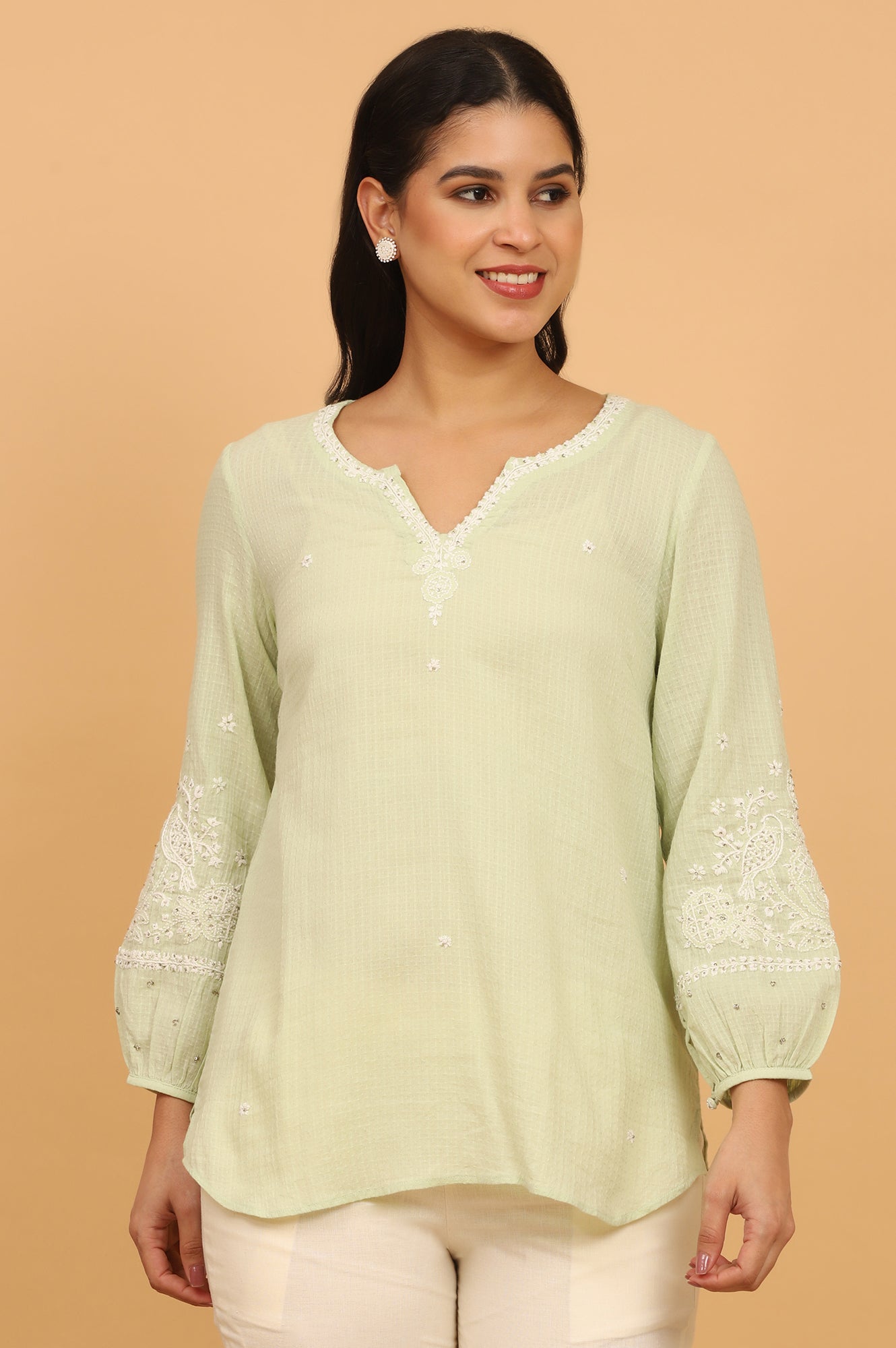 Pastel Green Chikankari Top in Textured Cotton