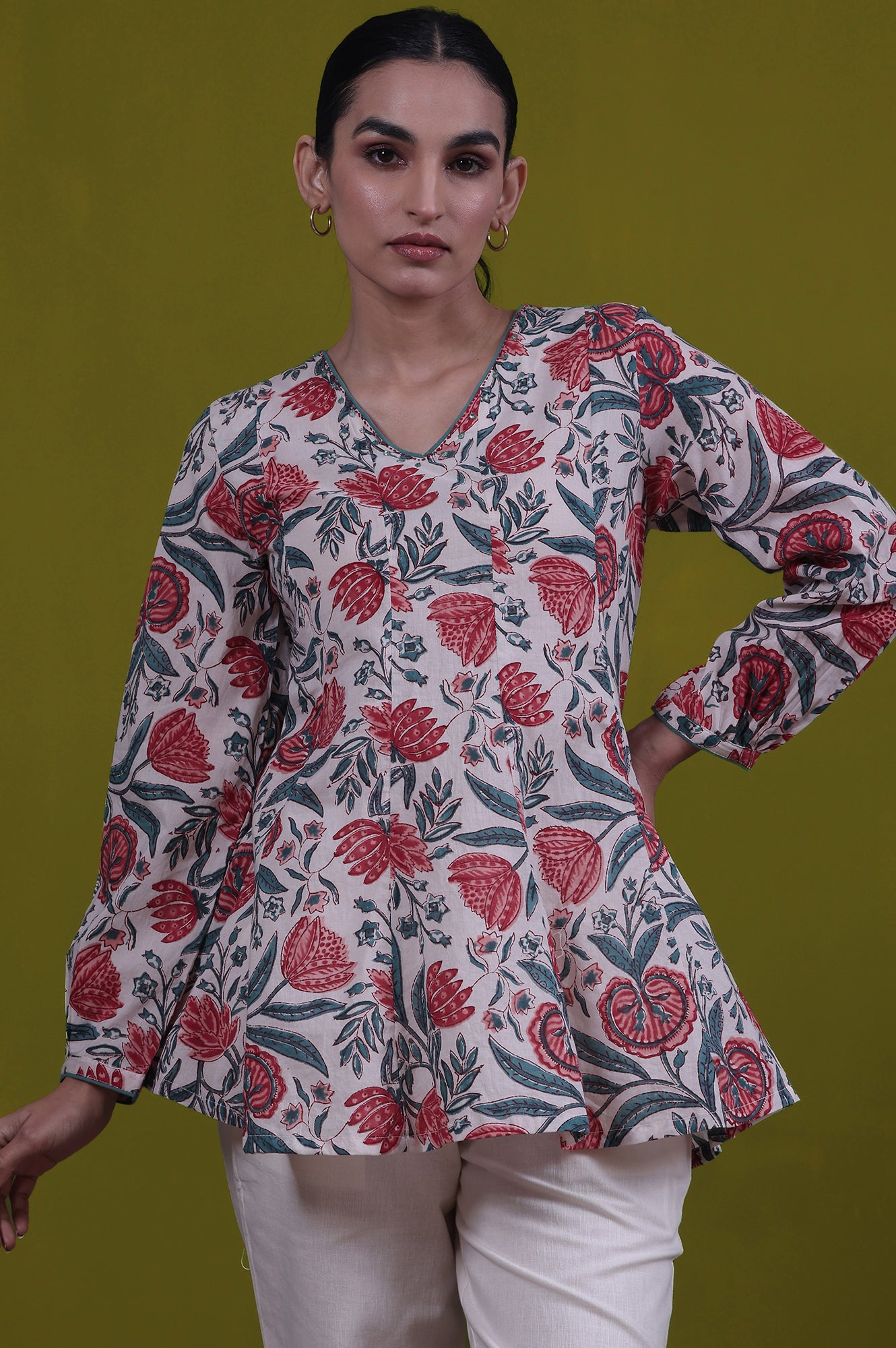 White Floral Printed Mirror Work Flared Pure Cotton Top