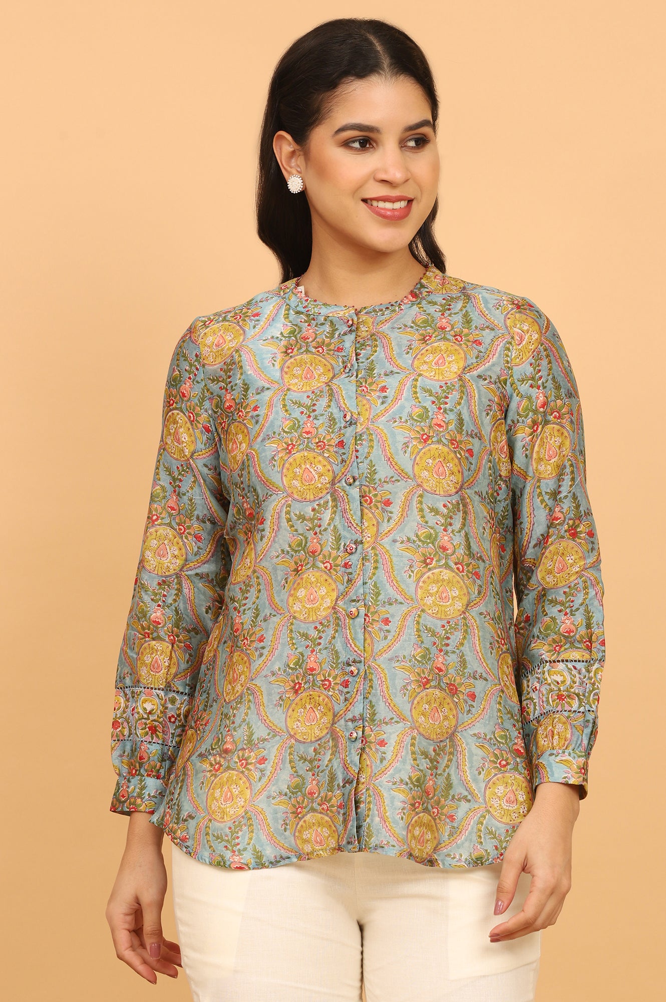 Blue Multicoloured Handblock Printed Shirt in Cotton Silk