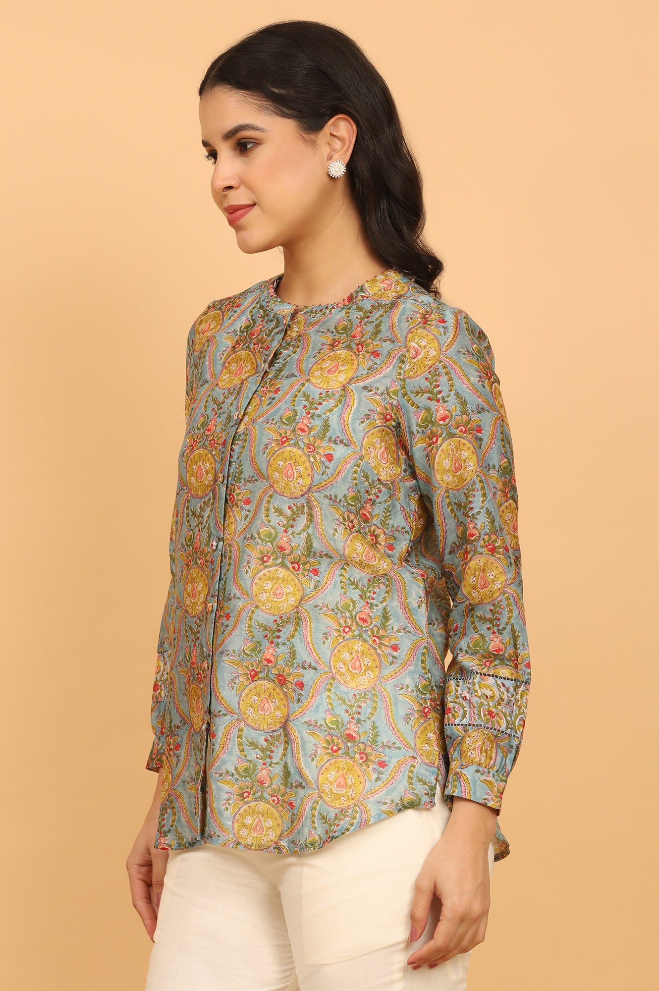 Blue Multicoloured Handblock Printed Shirt in Cotton Silk