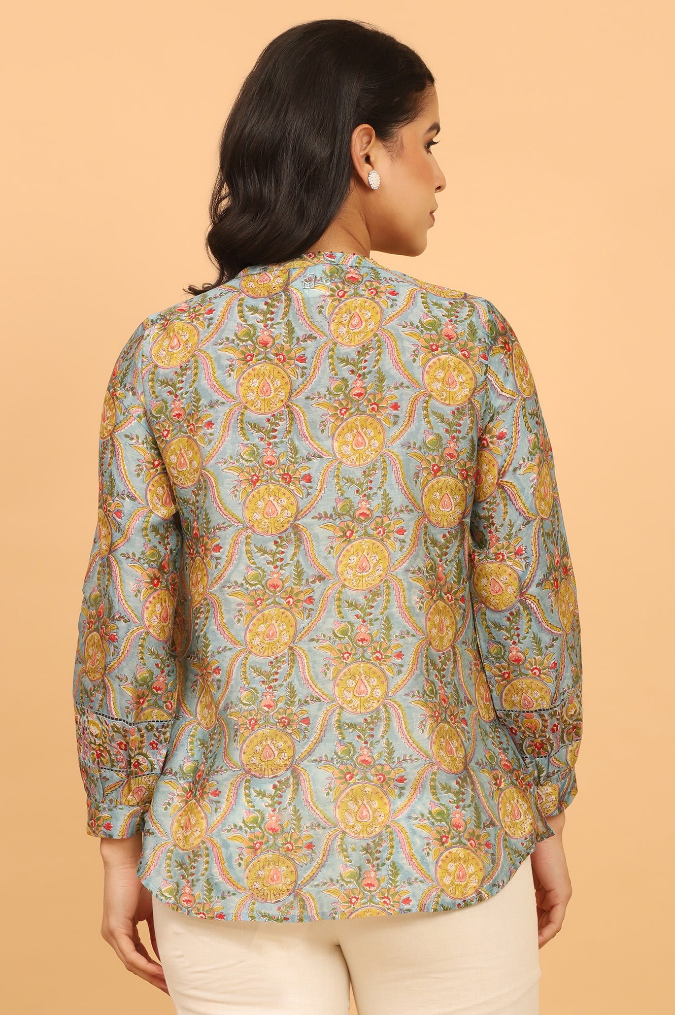 Blue Multicoloured Handblock Printed Shirt in Cotton Silk