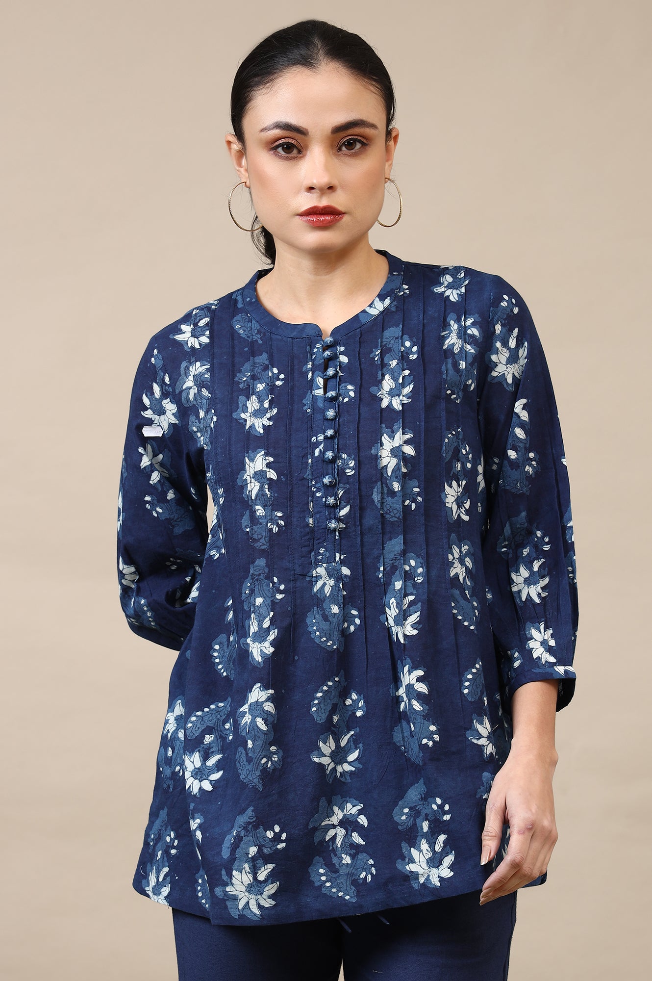 Indigo Dabu Printed Pintuck Top