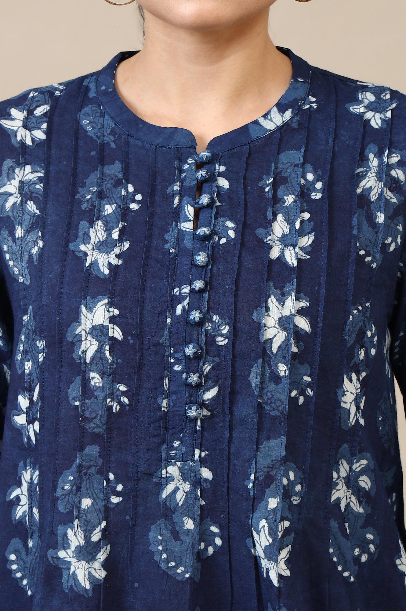 Indigo Dabu Printed Pintuck Top