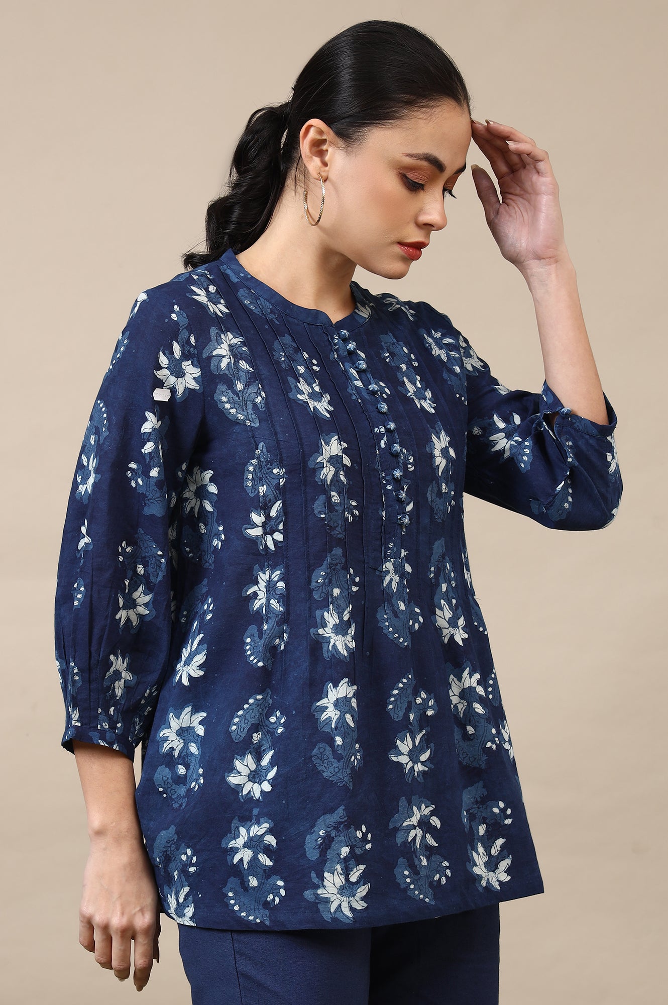 Indigo Dabu Printed Pintuck Top