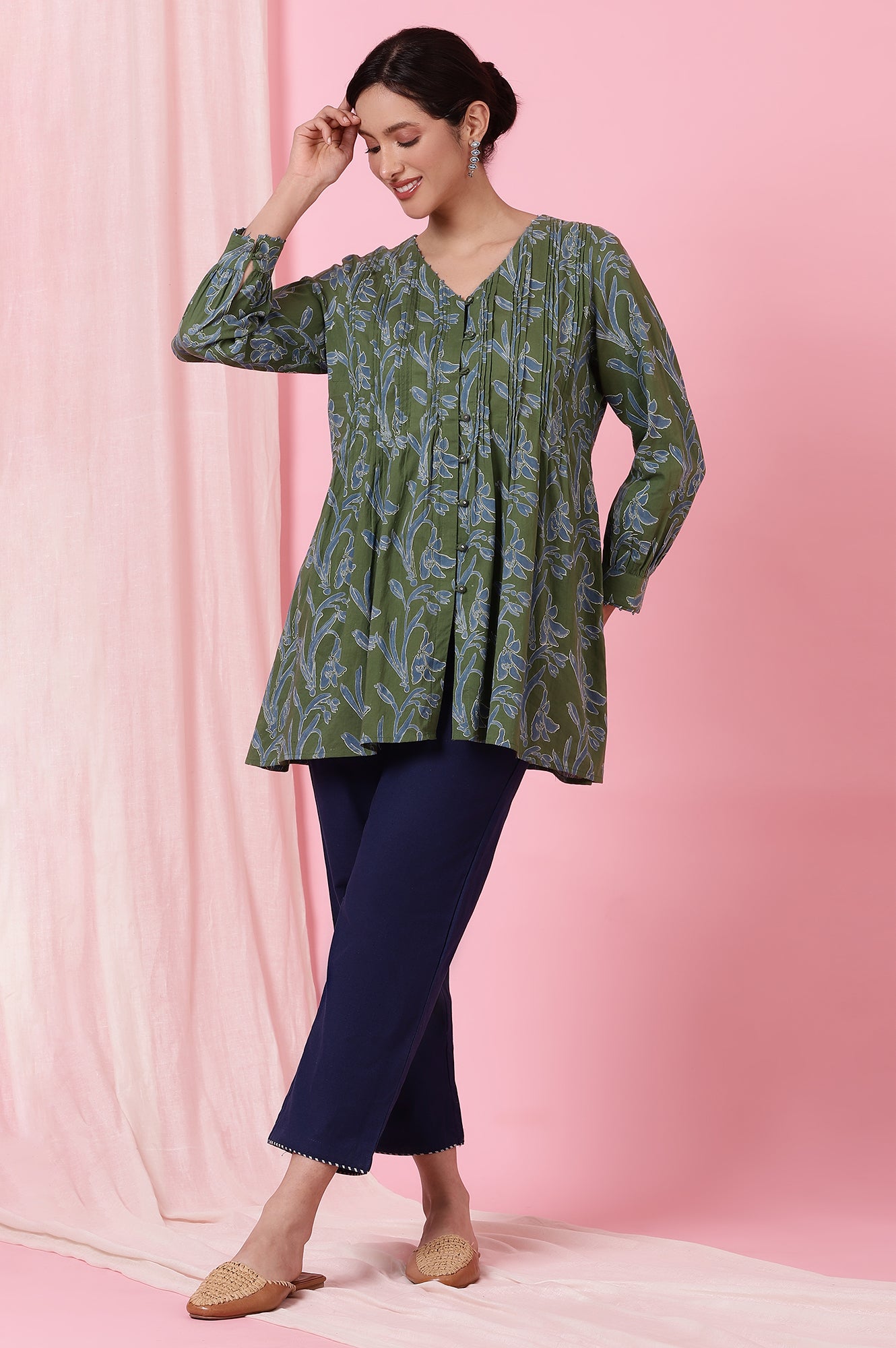 Green Handblock Printed Top in Cotton Voile