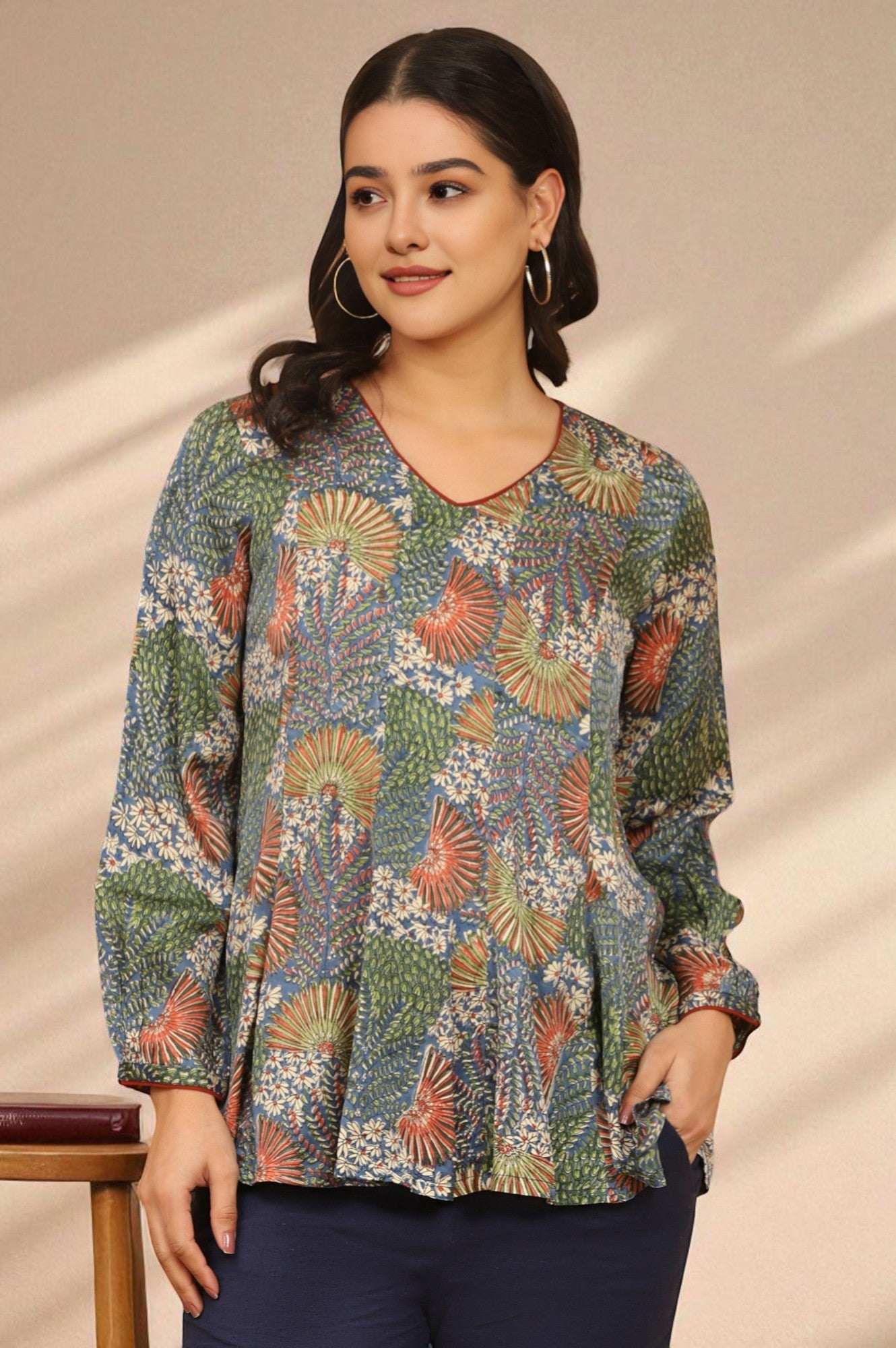 Floral Handblock Printed V-neck Top in Fluid Modal Satin