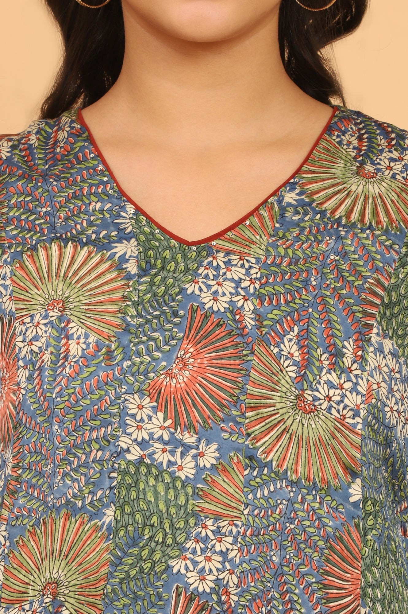 Floral Handblock Printed V-neck Top in Fluid Modal Satin