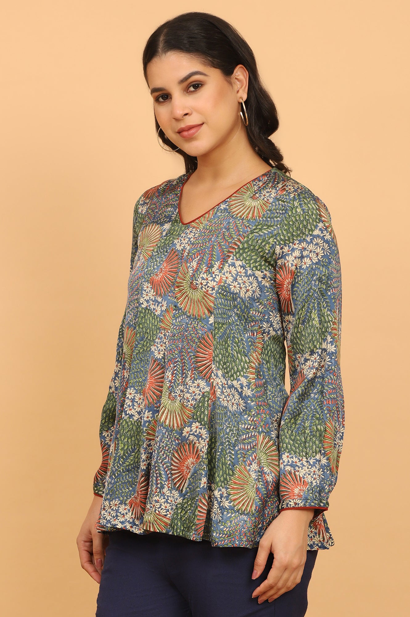 Floral Handblock Printed V-neck Top in Fluid Modal Satin
