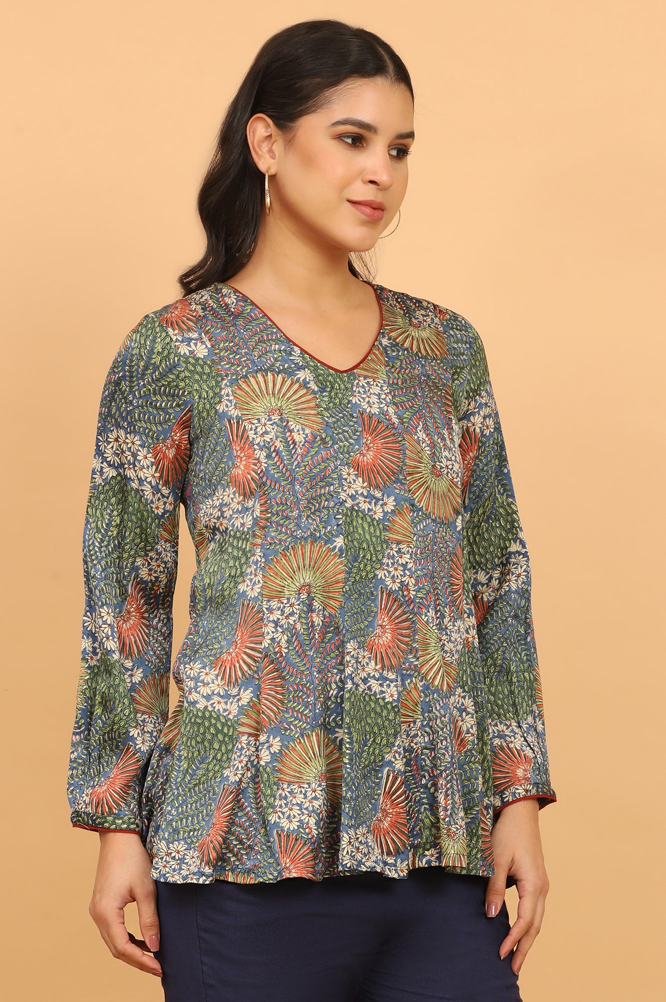 Floral Handblock Printed V-neck Top in Fluid Modal Satin