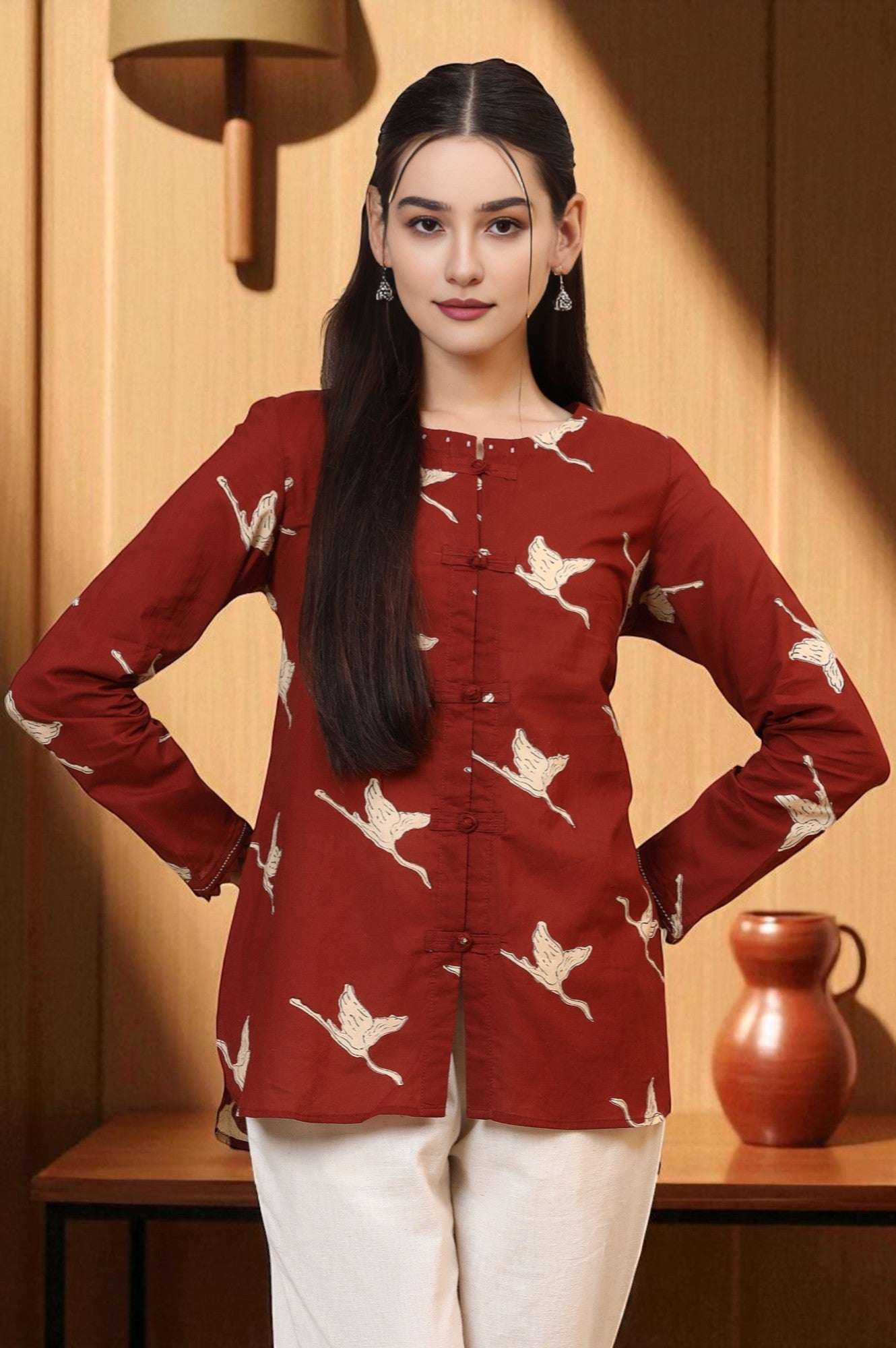 Rust Handblock Printed Top In Swan Print