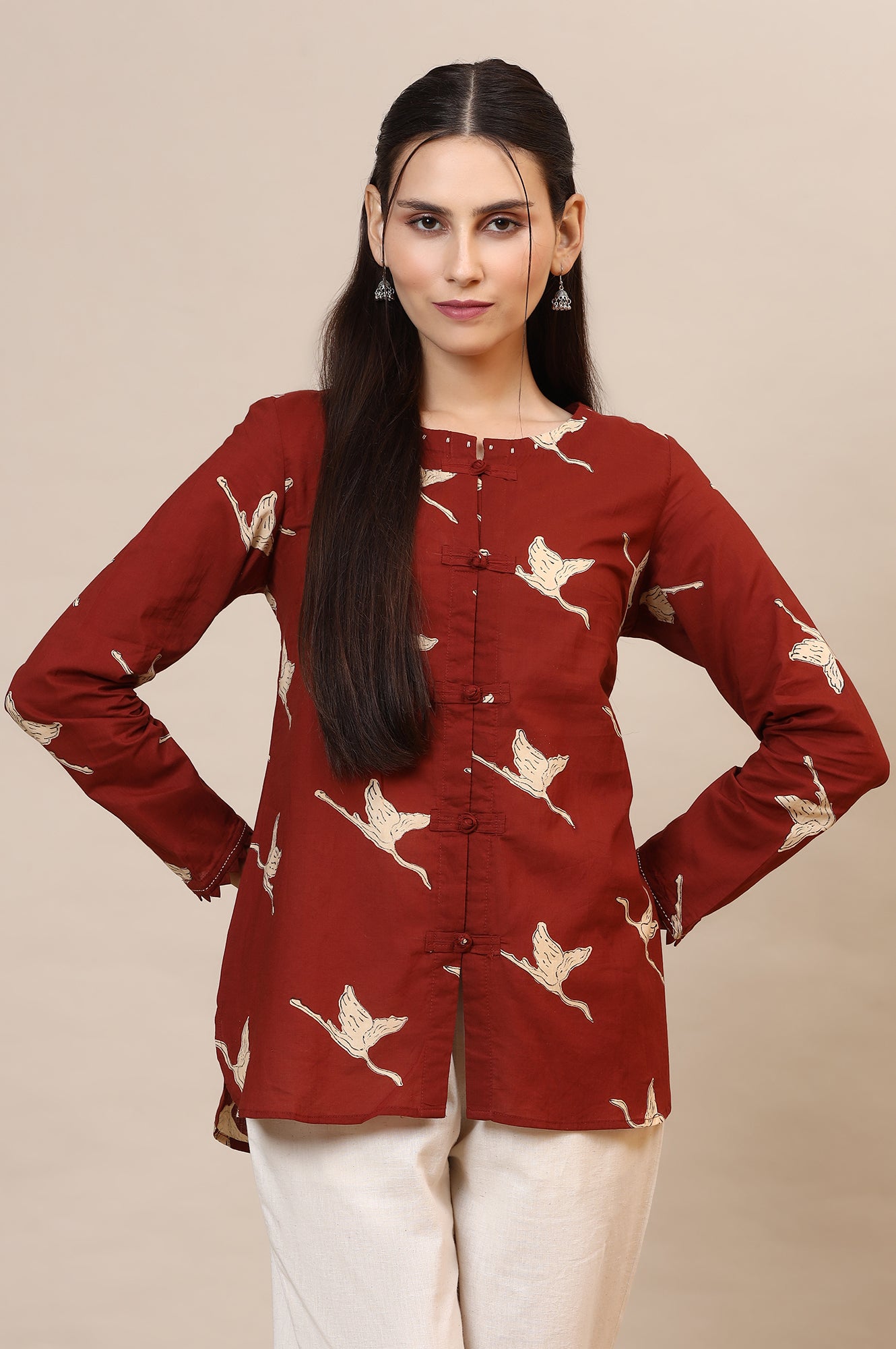 Rust Handblock Printed Top In Swan Print