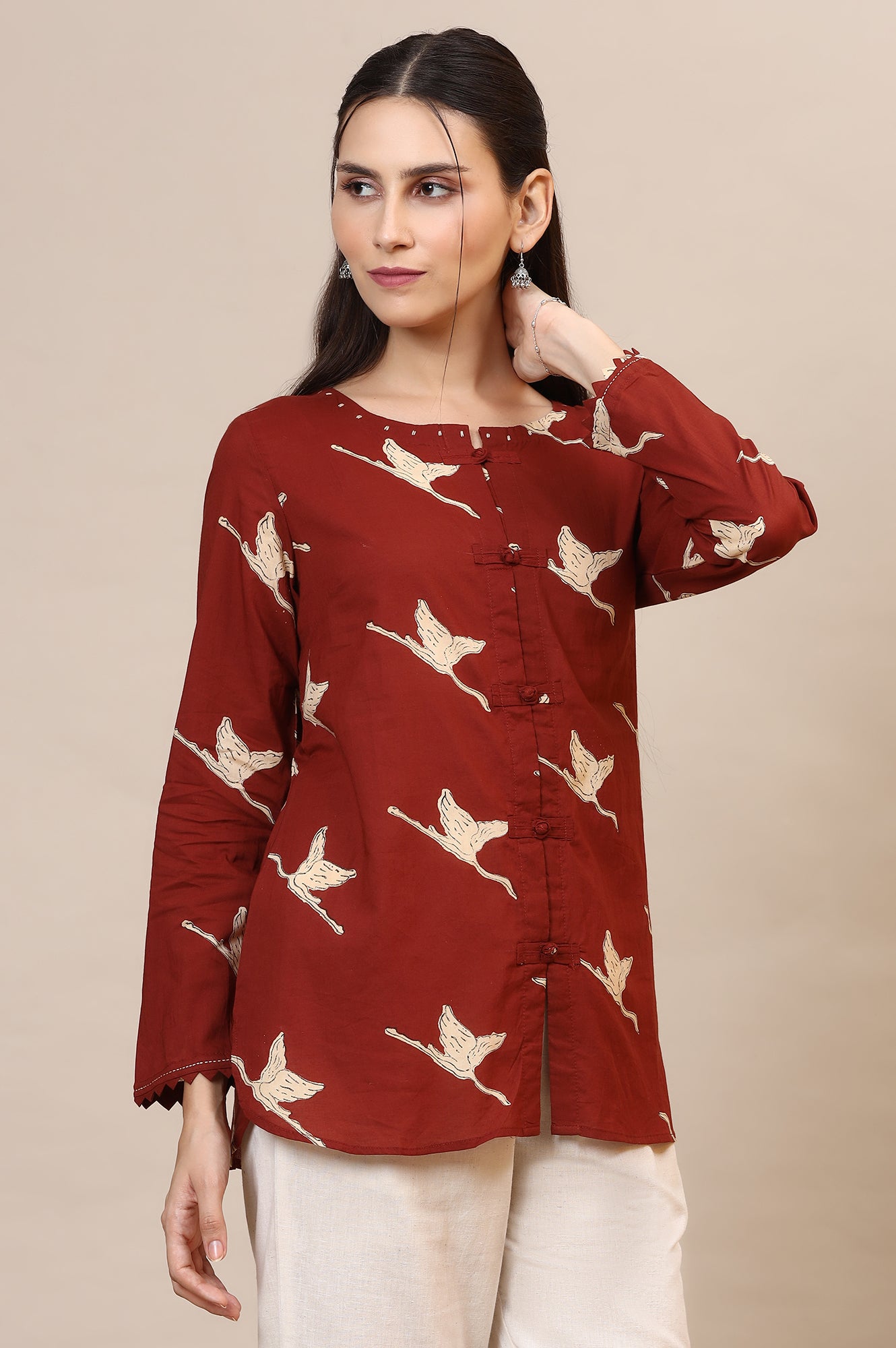 Rust Handblock Printed Top In Swan Print