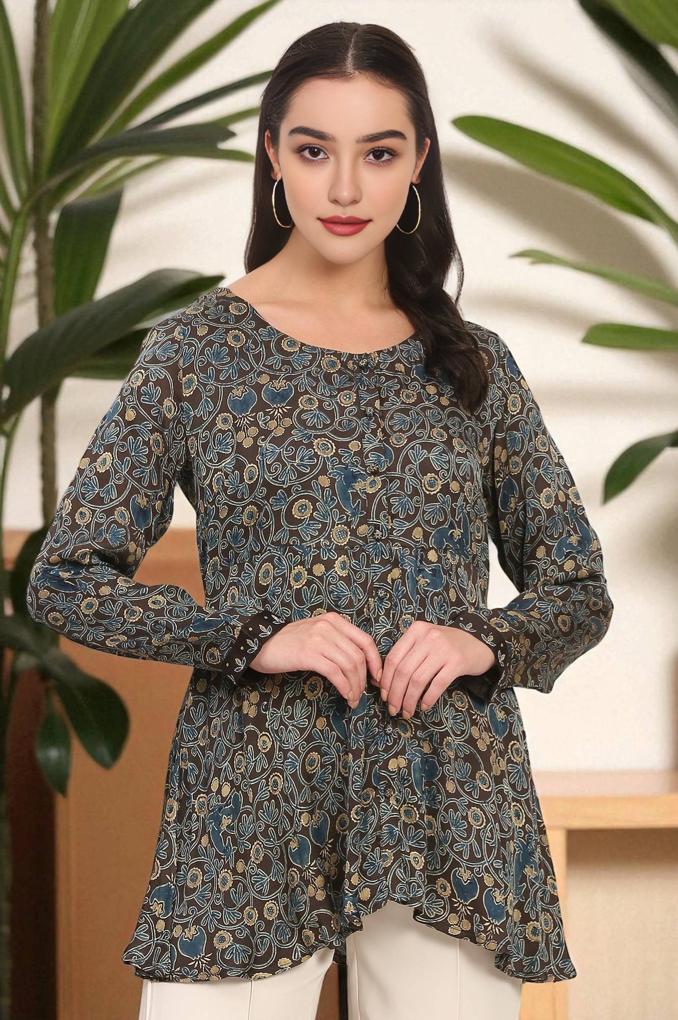 Brown Ajrak Printed Modal Satin Top with Thread Embroidery