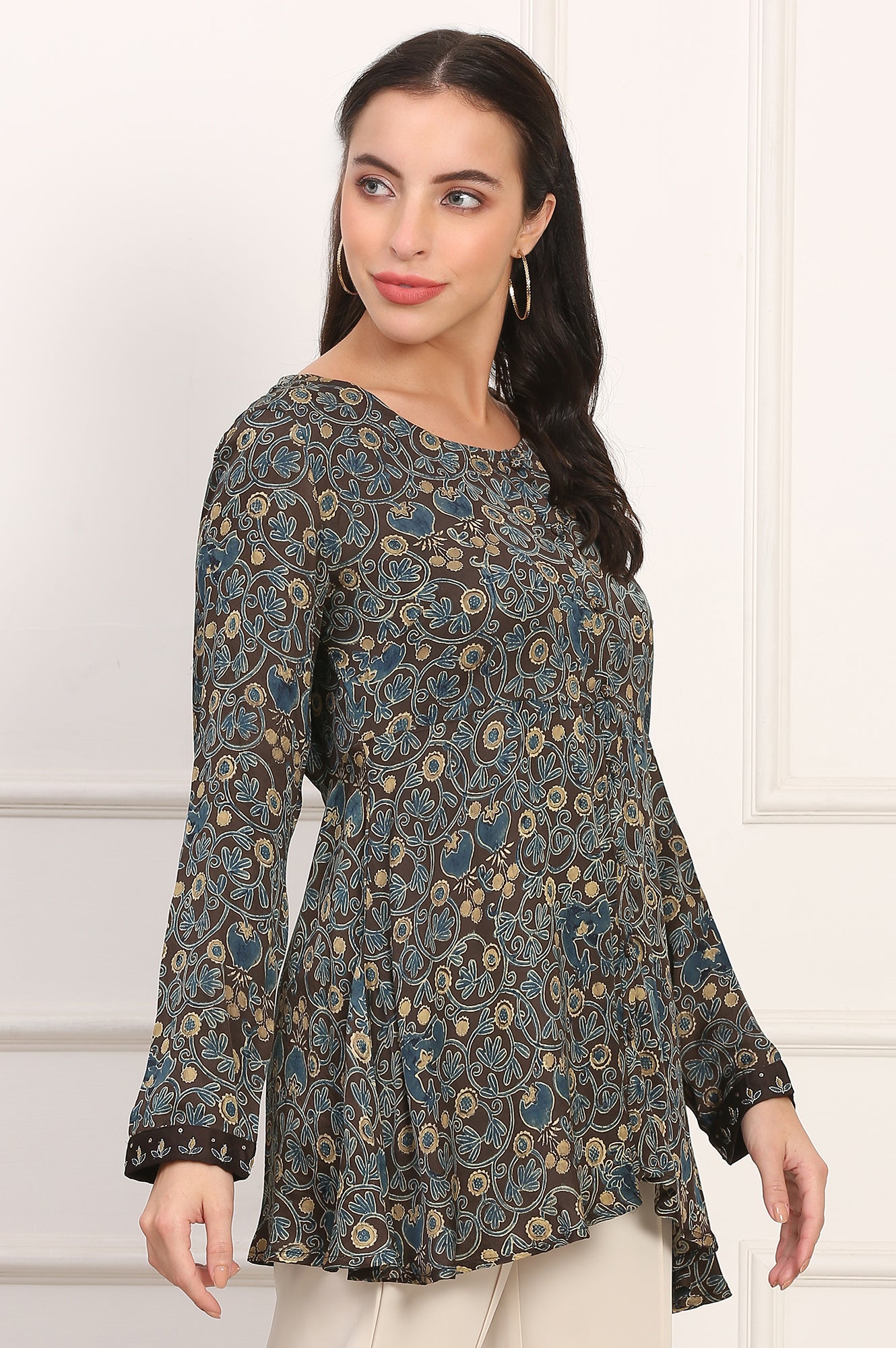 Brown Ajrak Printed Modal Satin Top with Thread Embroidery