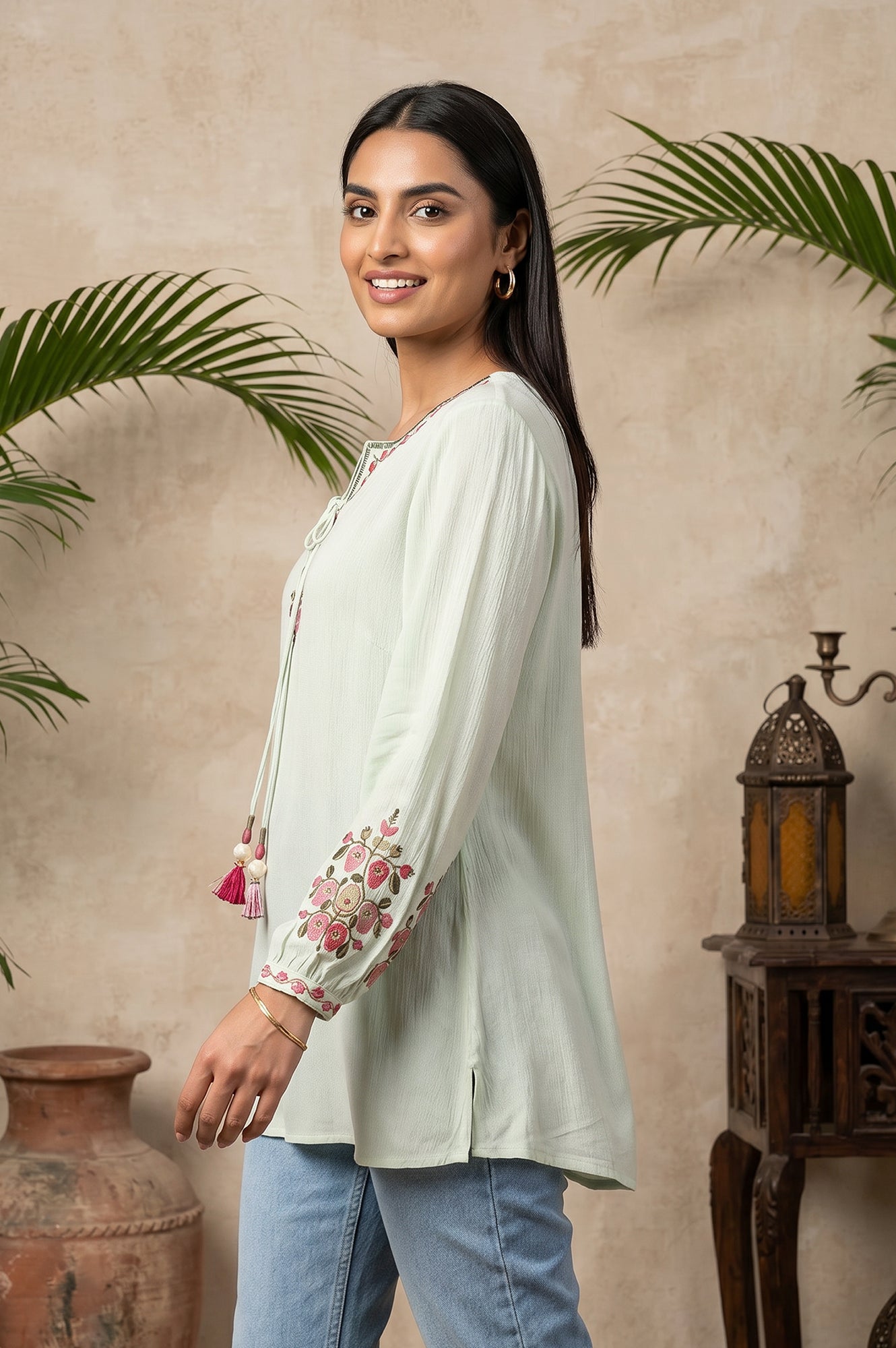 Mint Green Embroidered Rayon Straight Top