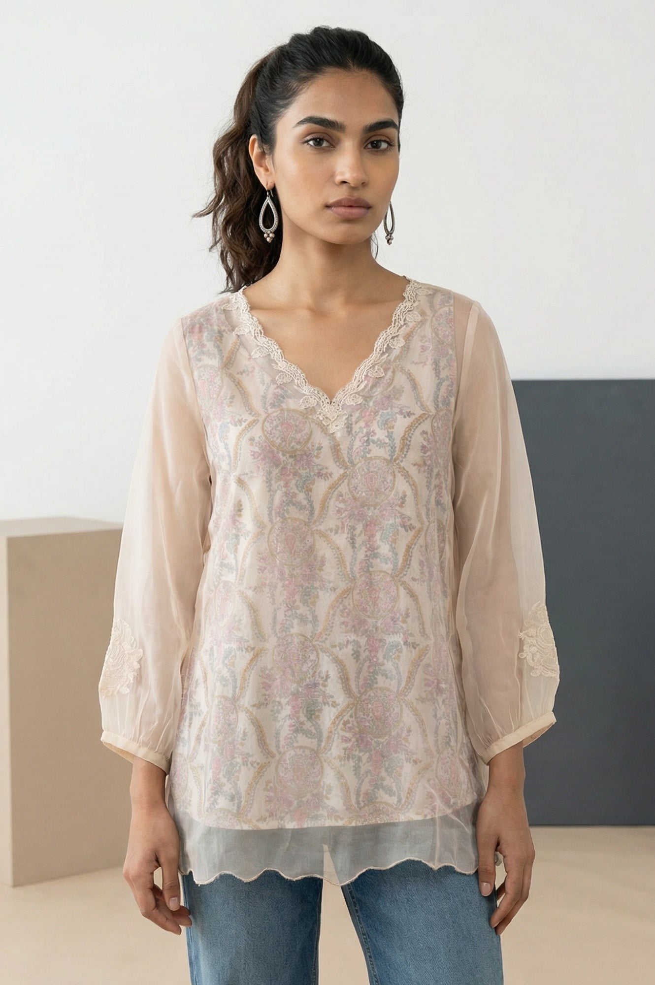 Cream Floral Printed Lace Organza Straight Top with Printed Slip