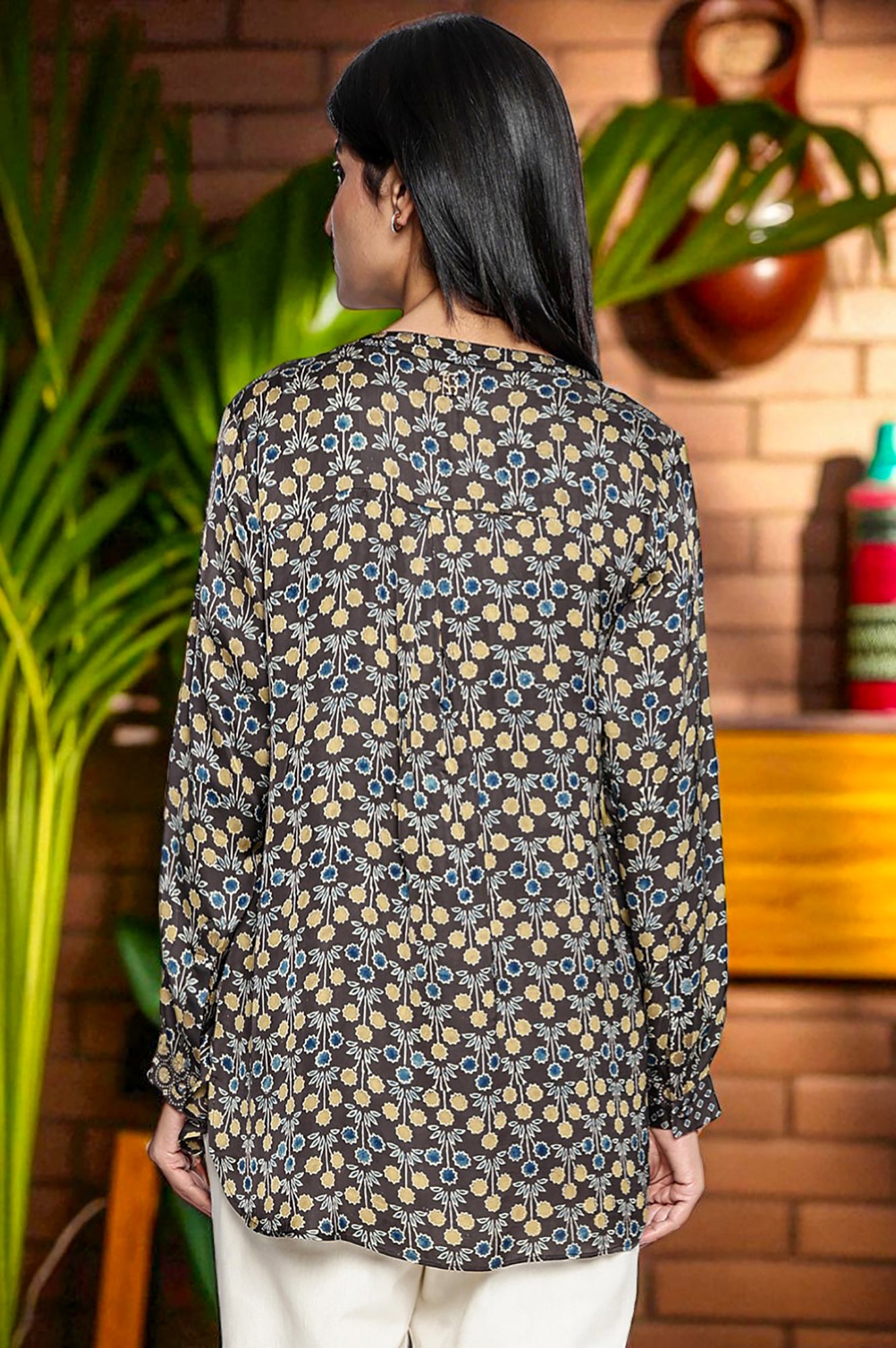 Black Printed Modal Satin Straight Top