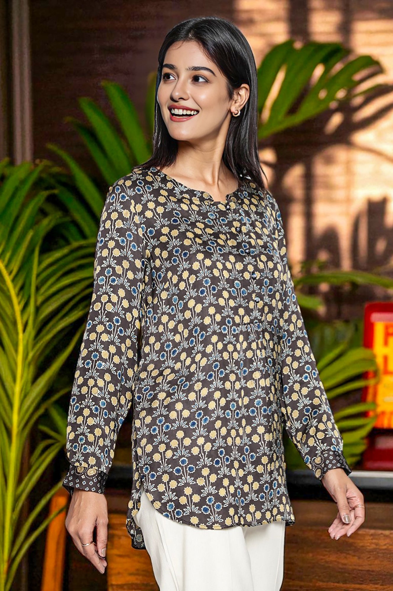 Black Printed Modal Satin Straight Top