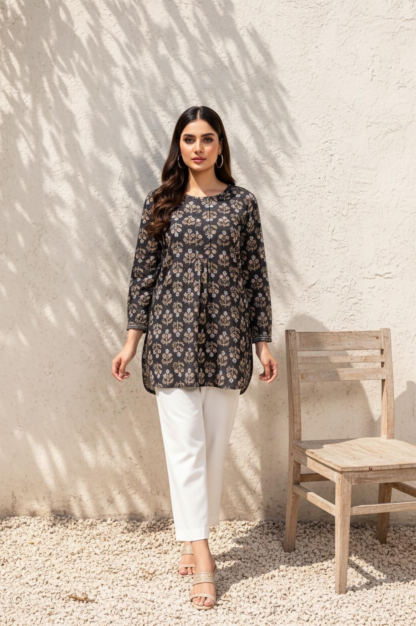 Black Floral Print Straight Cotton Top