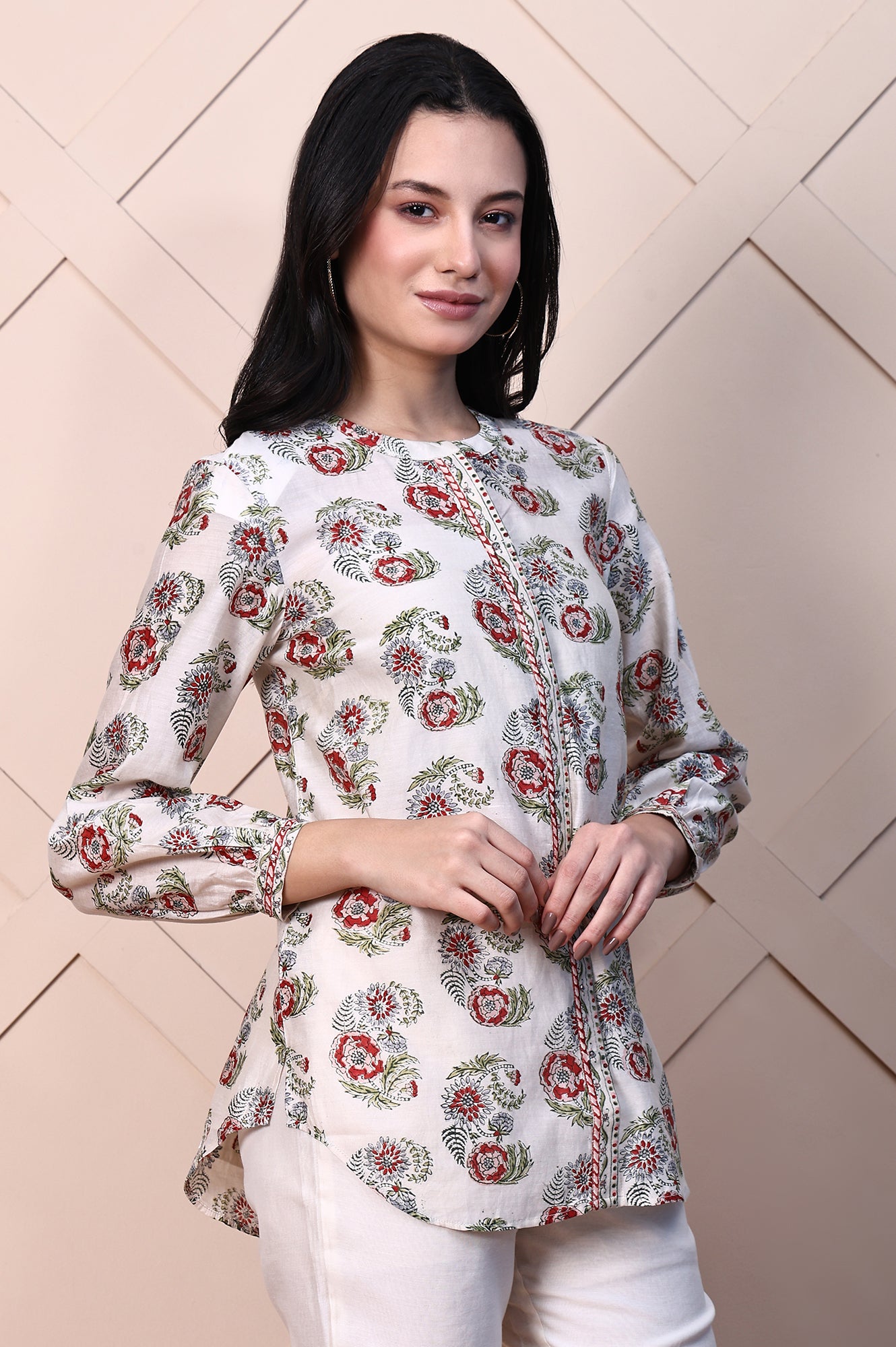 White Block Printed Cotton Silk Mirror Work Top with Sleeves