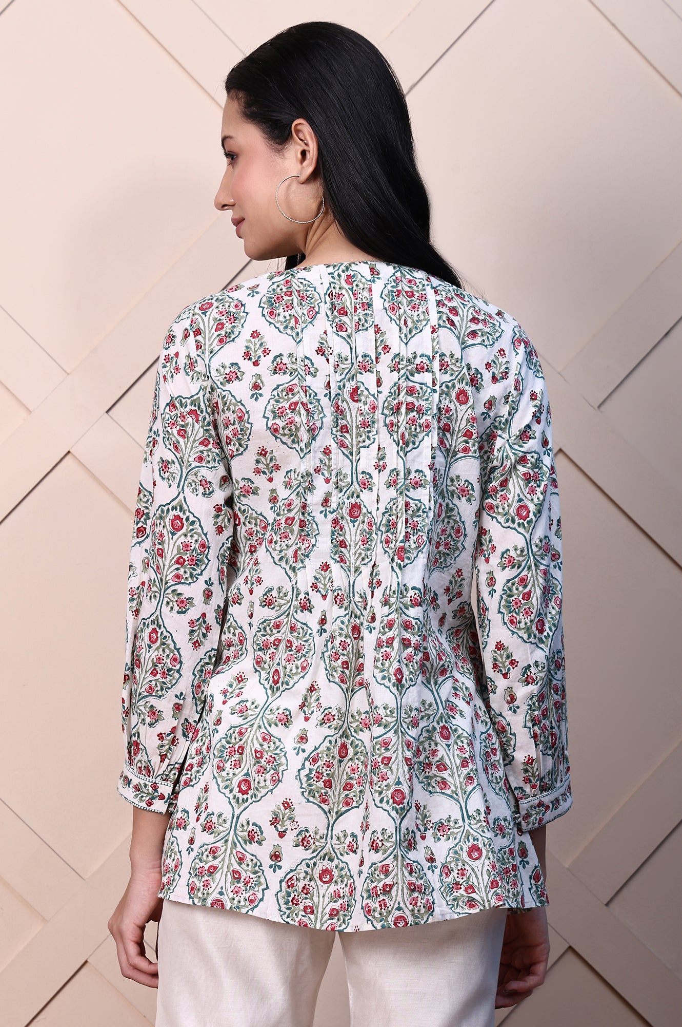 White Block Printed Pure Cotton A-line Fusion Top with Mirror Work