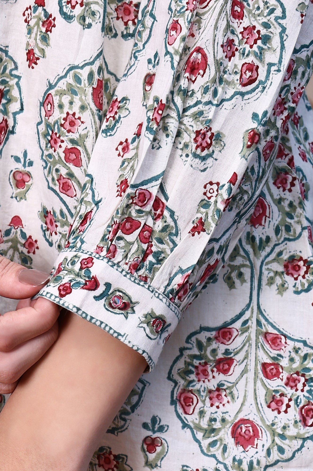 White Block Printed Pure Cotton A-line Fusion Top with Mirror Work