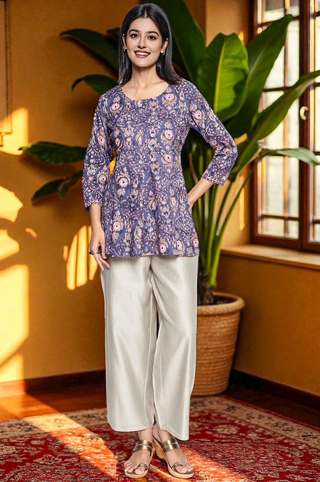 Grey Blue Printed Pure Cotton Flared Top