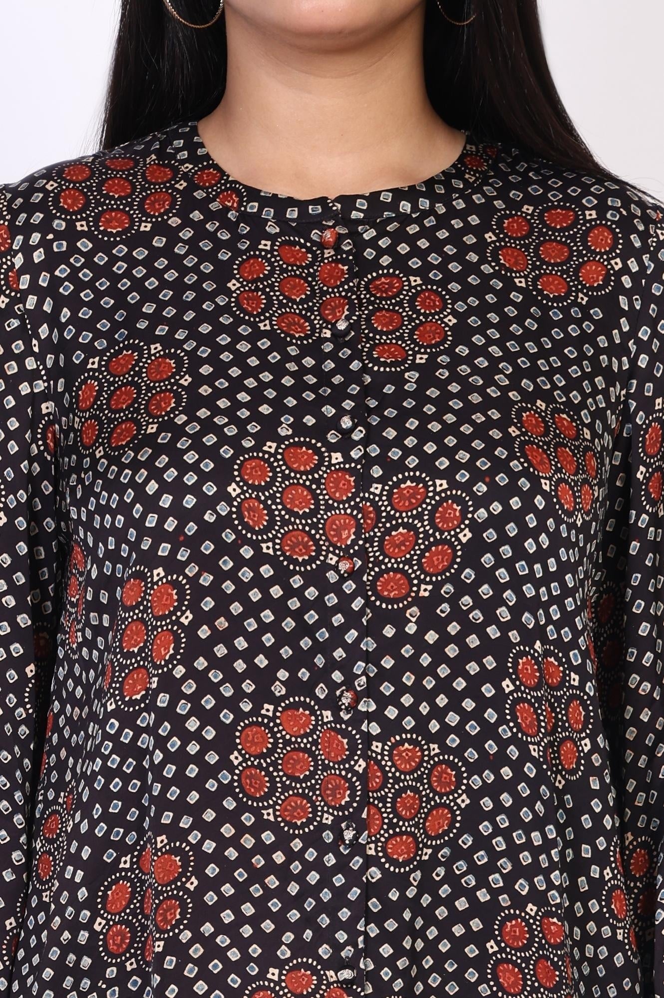 Navy Blue Floral Print Straight Modal Satin Top