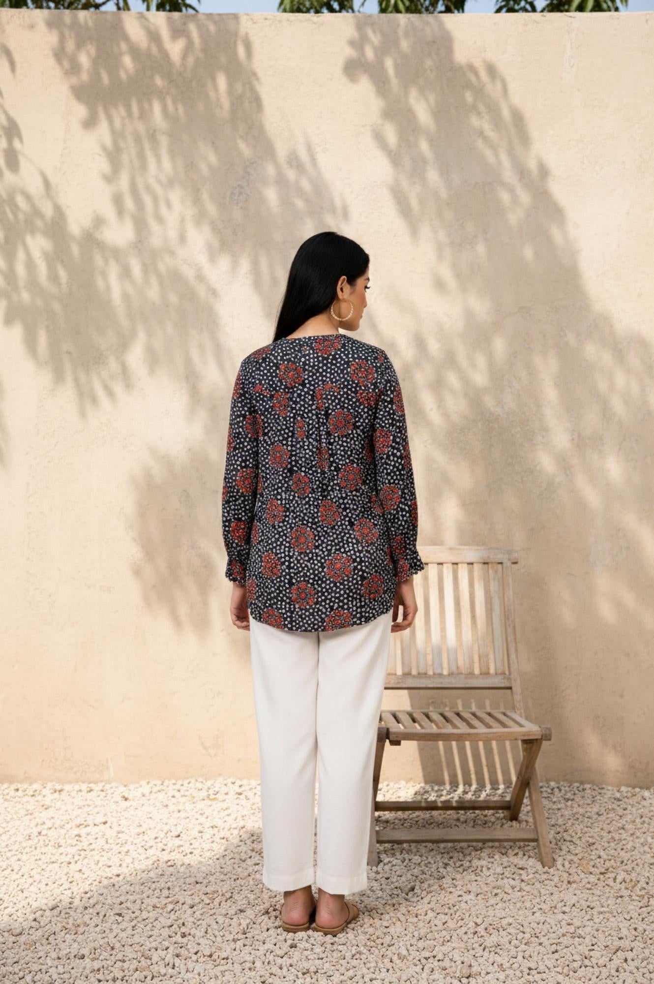 Navy Blue Floral Print Straight Modal Satin Top