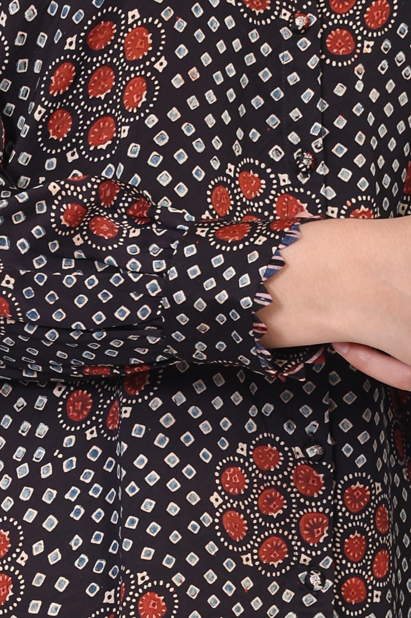 Navy Blue Floral Print Straight Modal Satin Top