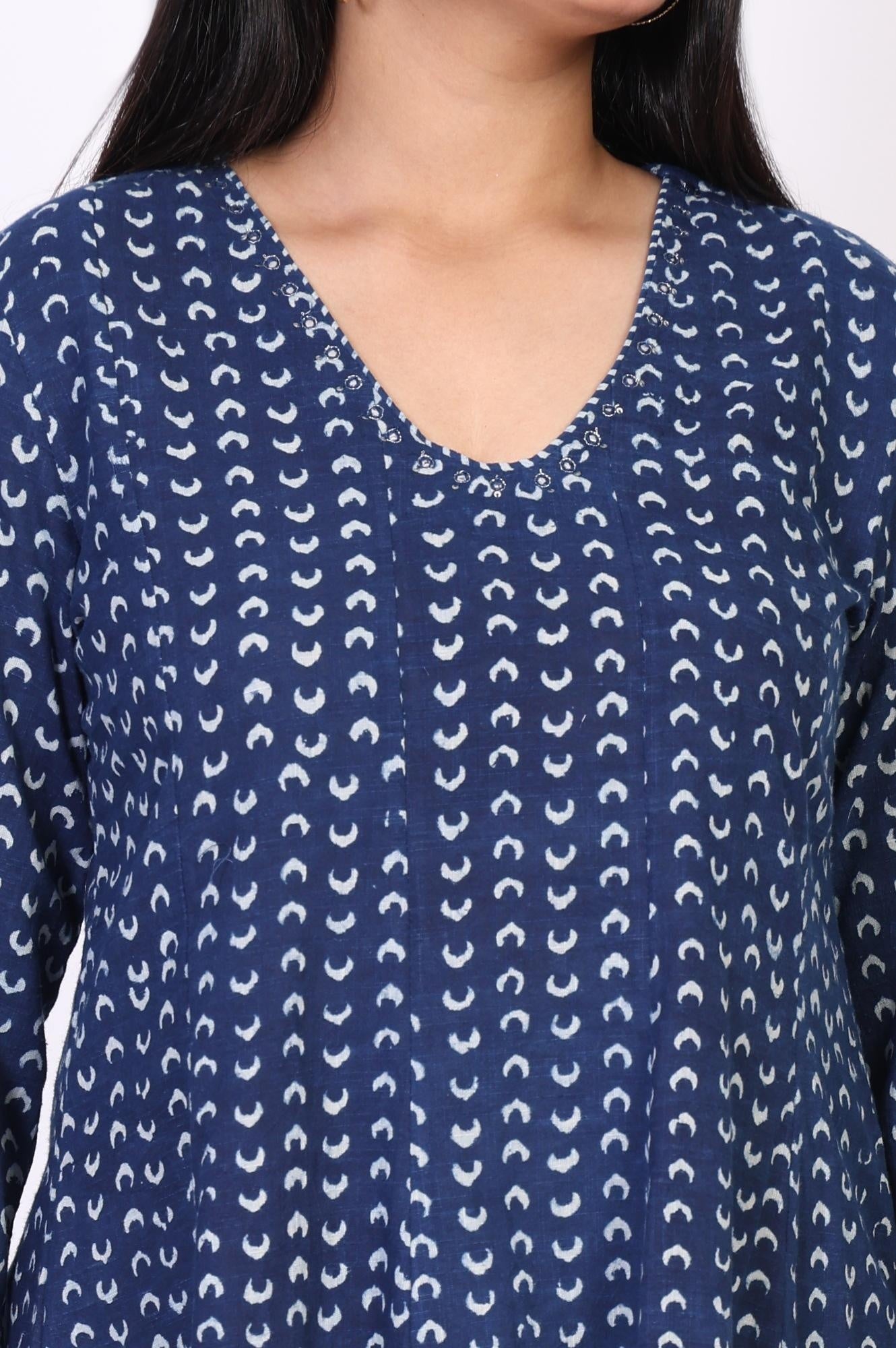 Blue Geometric Thread Work Flared Cotton Top