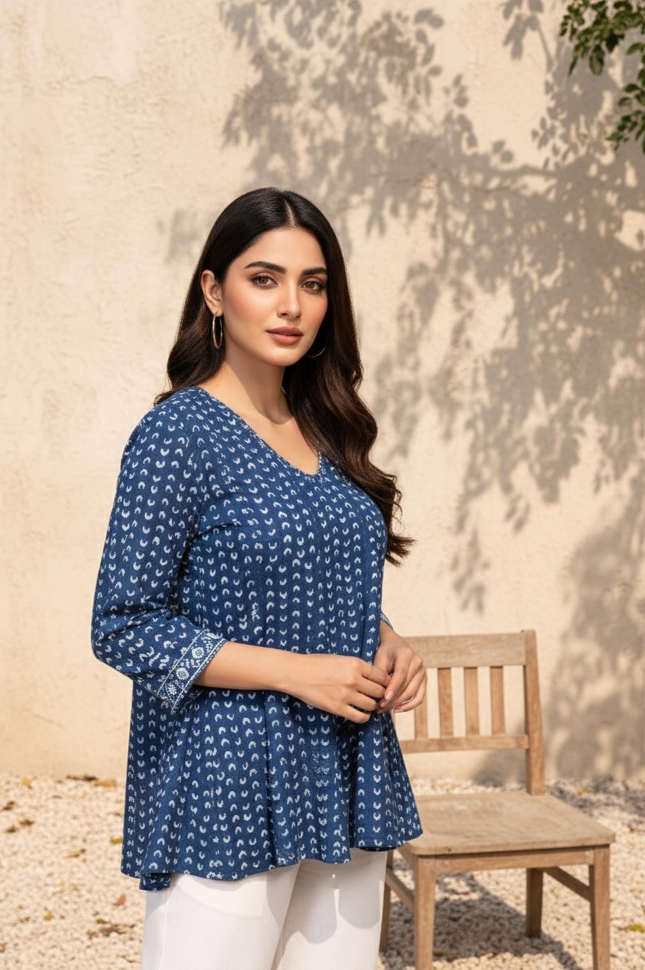 Blue Geometric Thread Work Flared Cotton Top