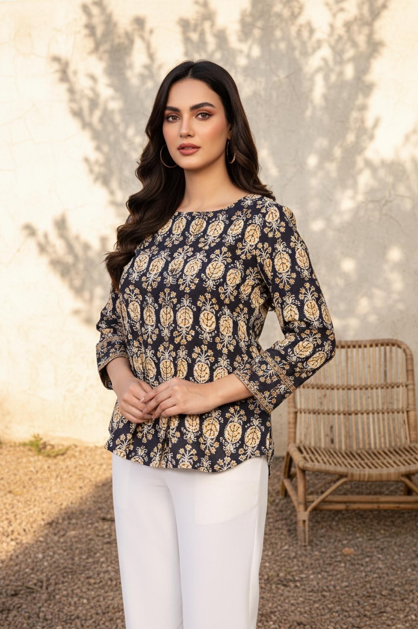 Black Floral Print A-Line Cotton Top