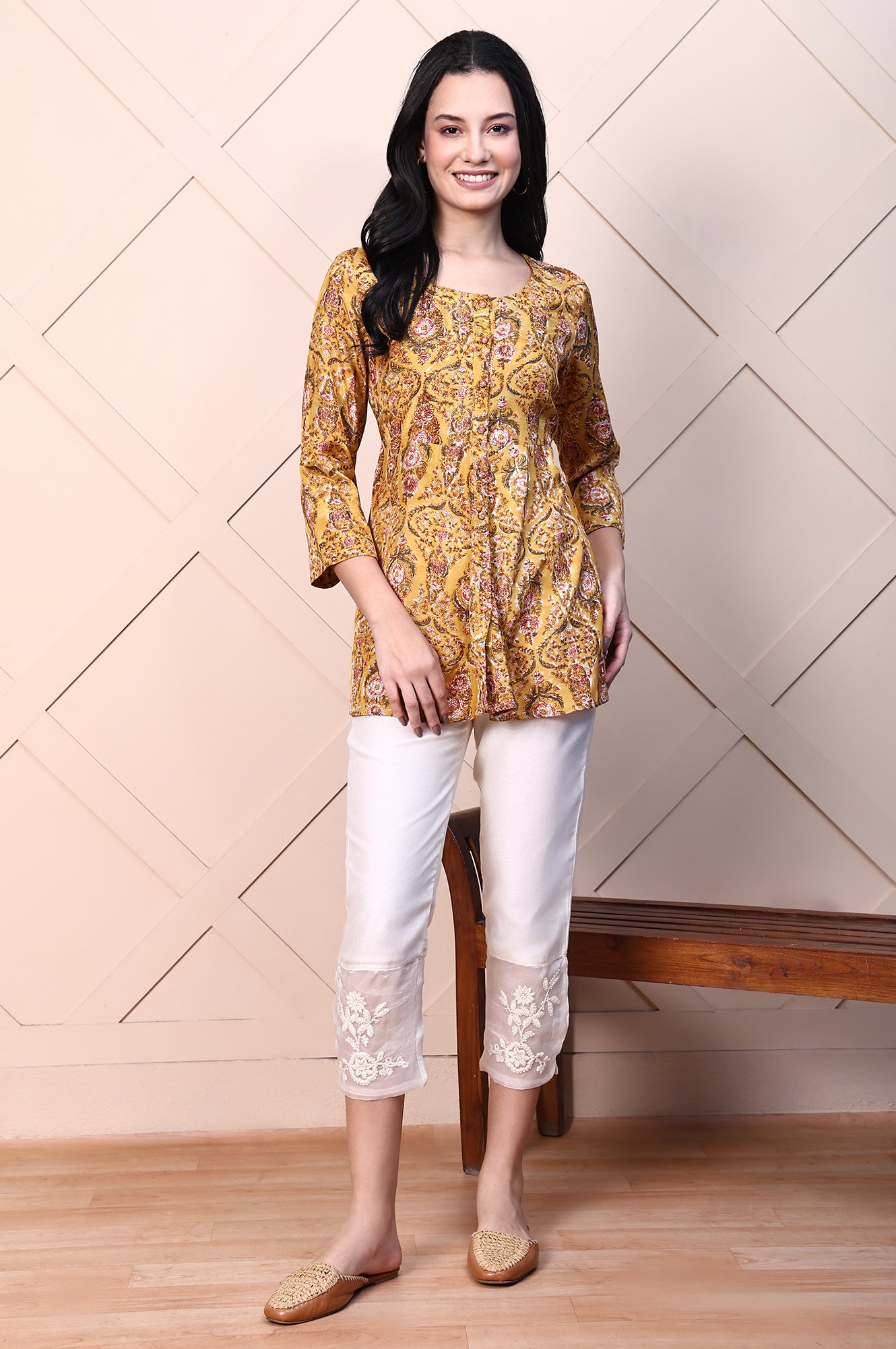 Mustard Yellow Block Printed Mirror Work Flared Top