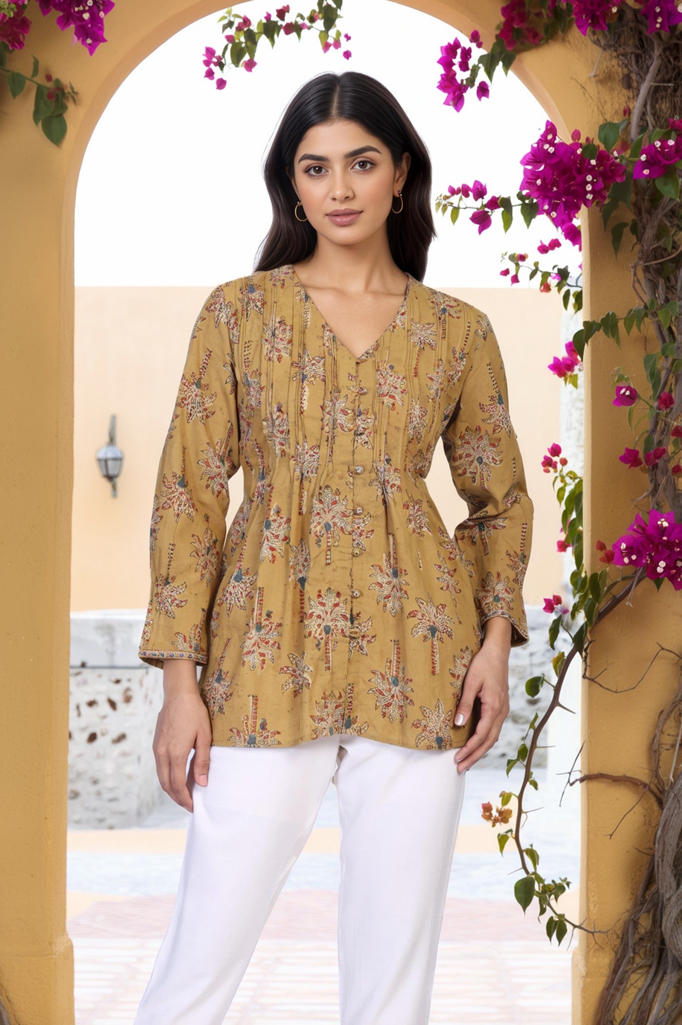 Yellow Botanical Kalamkari Print Mirror Work Straight Cotton Top