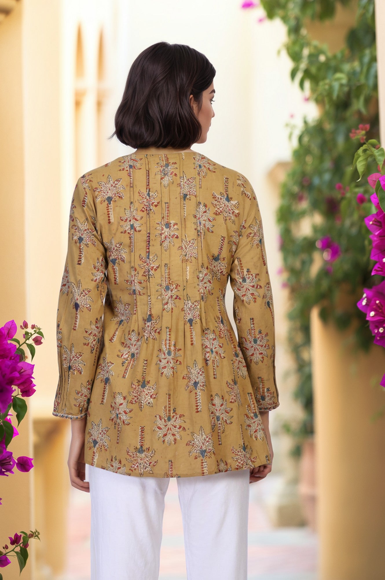 Yellow Botanical Kalamkari Print Mirror Work Straight Cotton Top