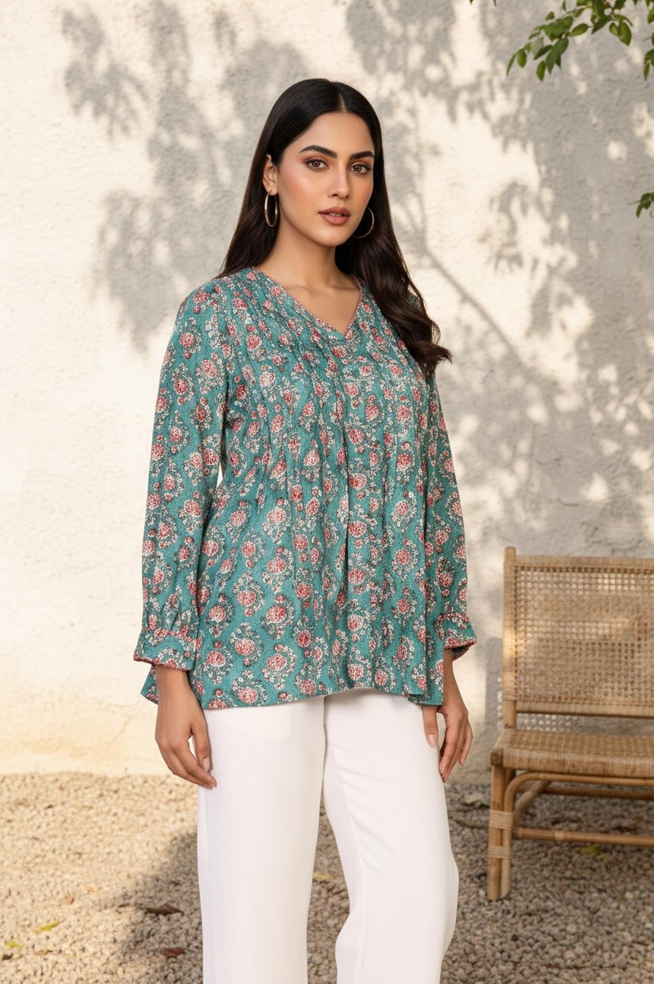 Green Floral Printed Flared Cotton Top