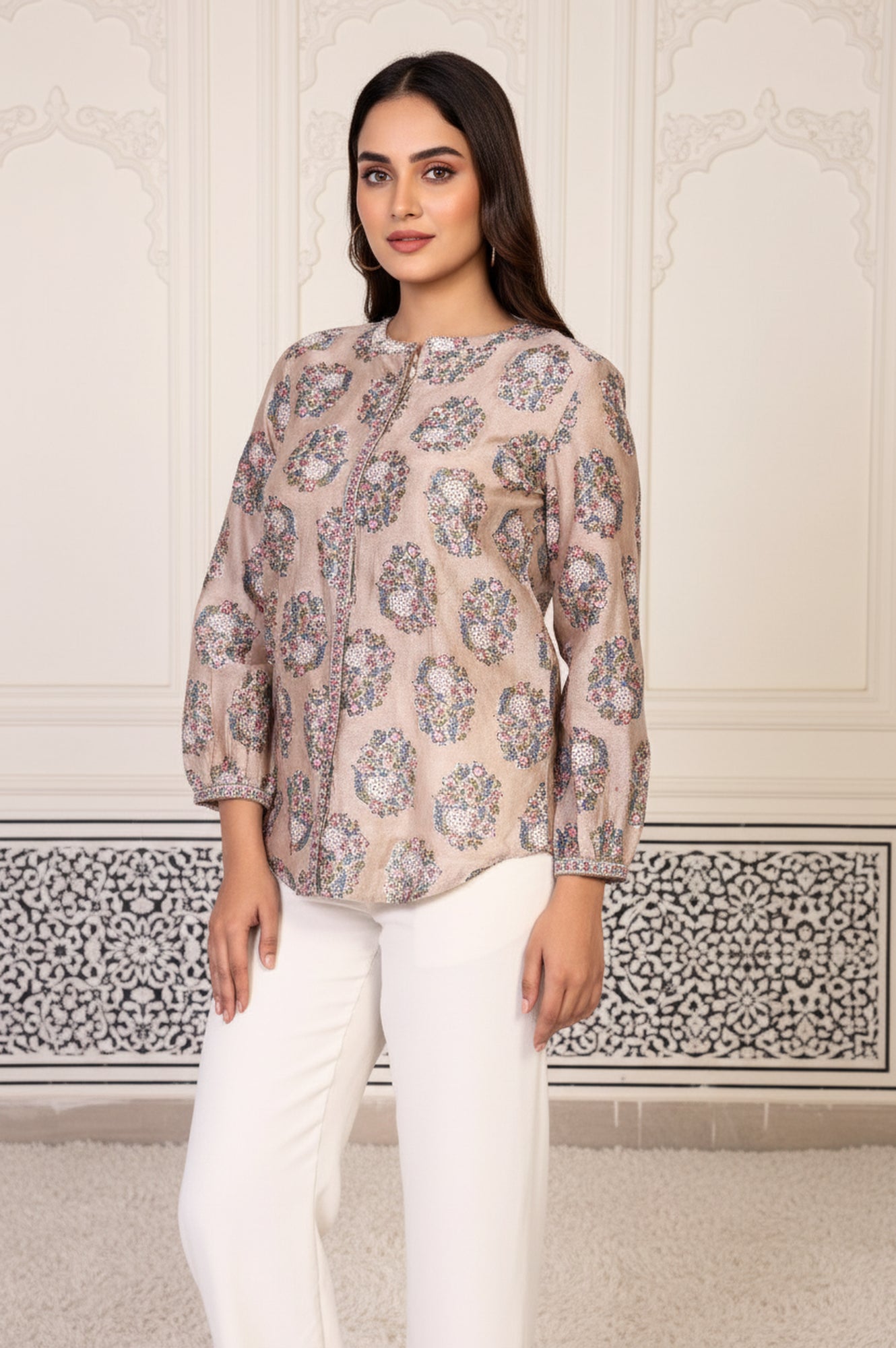 Beige Floral Printed Straight Cotton Top
