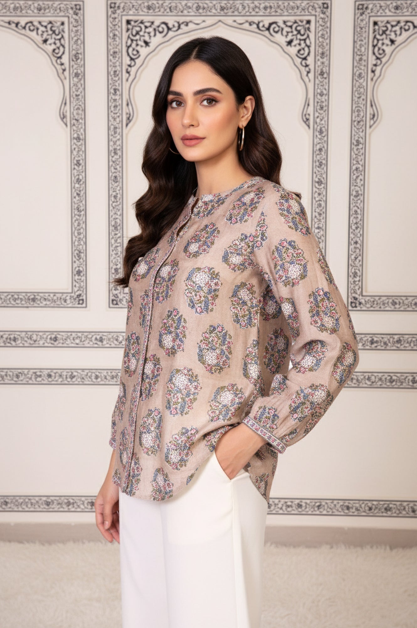 Beige Floral Printed Straight Cotton Top