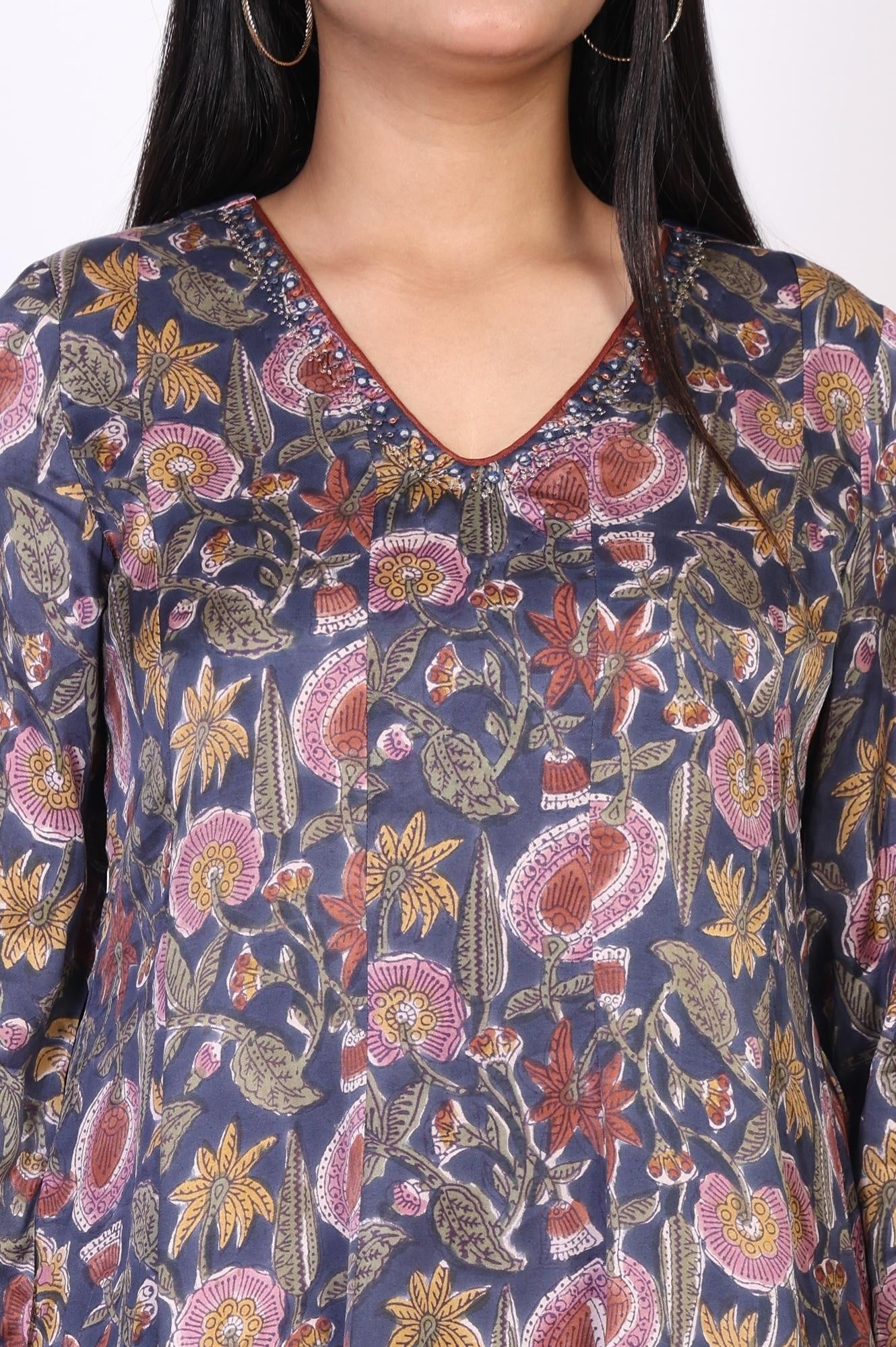 Blue Floral Thread Work Flared Modal Satin Top