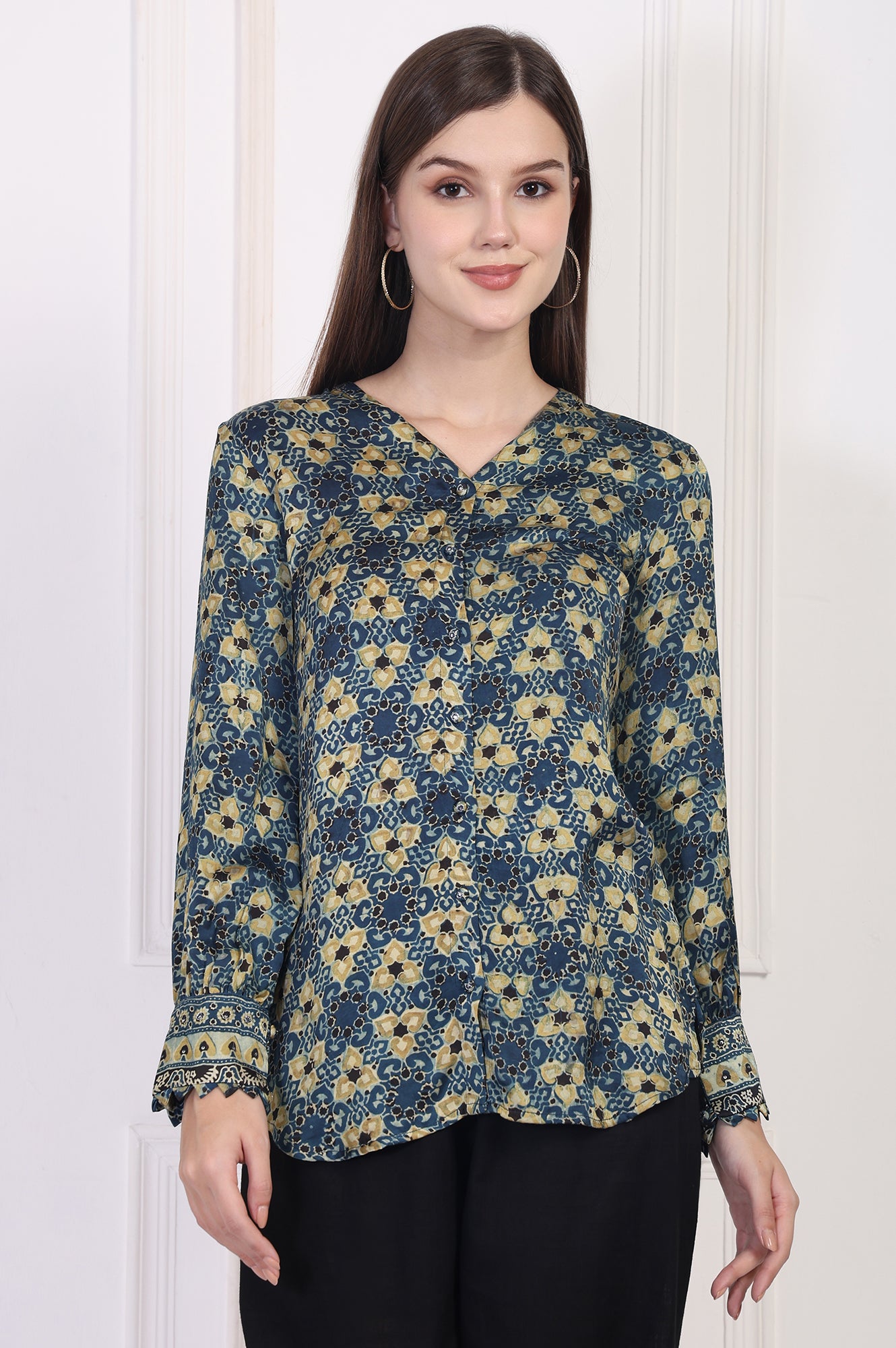 Blue Abstract Printed Straight Modal Top