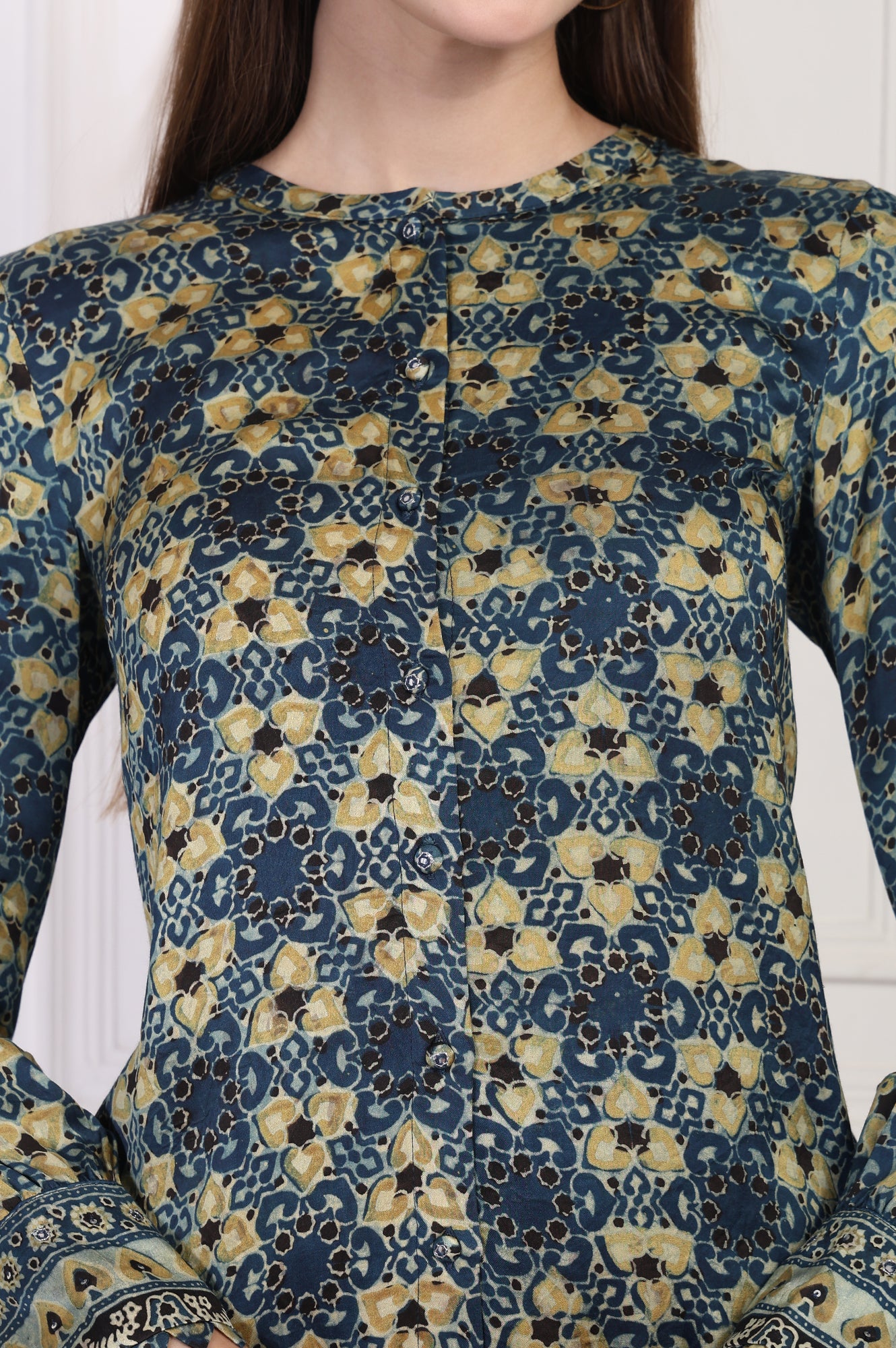 Blue Abstract Printed Straight Modal Top