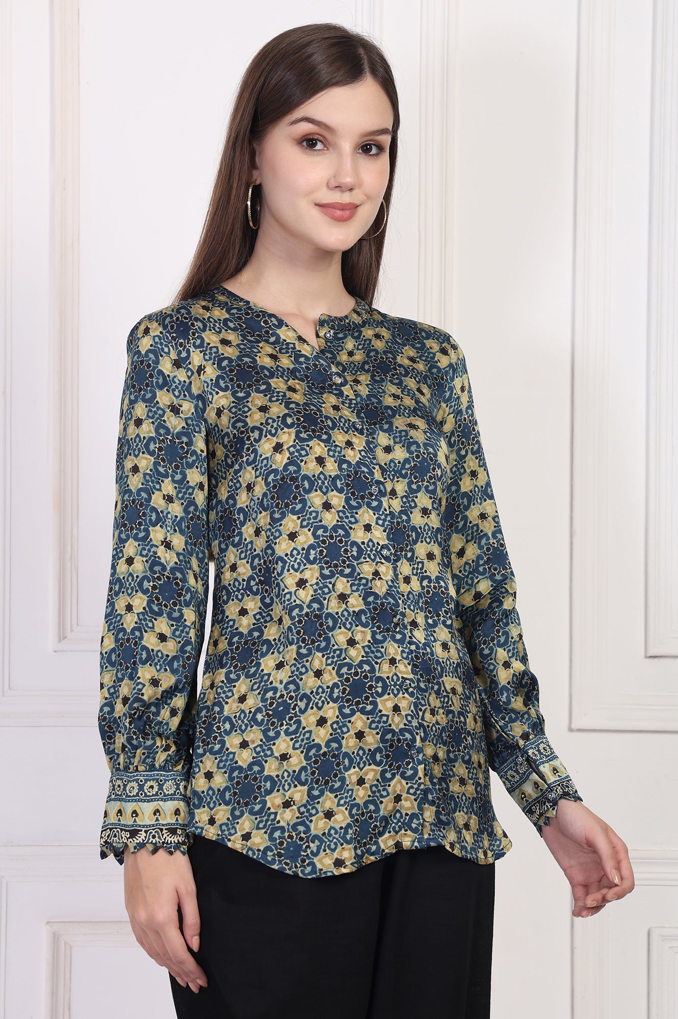 Blue Abstract Printed Straight Modal Top