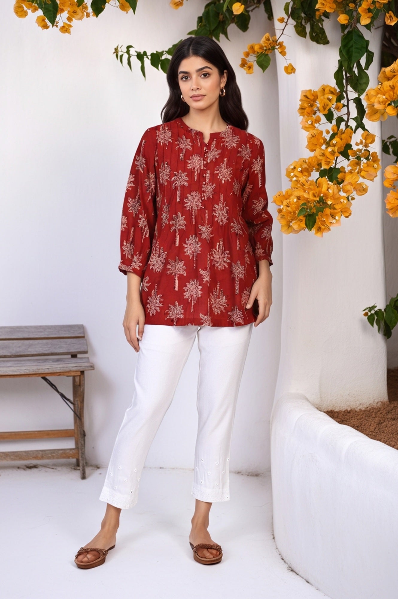 Red Kalamkari Printed Mirror Work Straight Cotton Top
