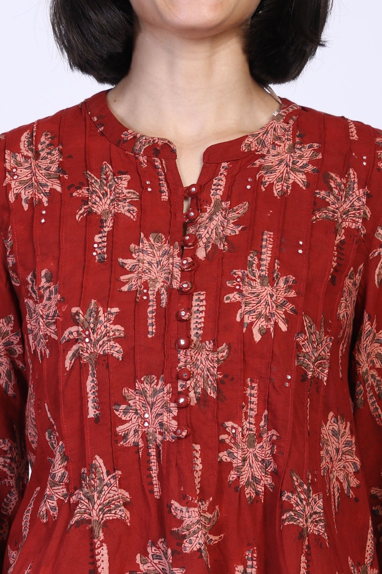 Red Kalamkari Printed Mirror Work Straight Cotton Top