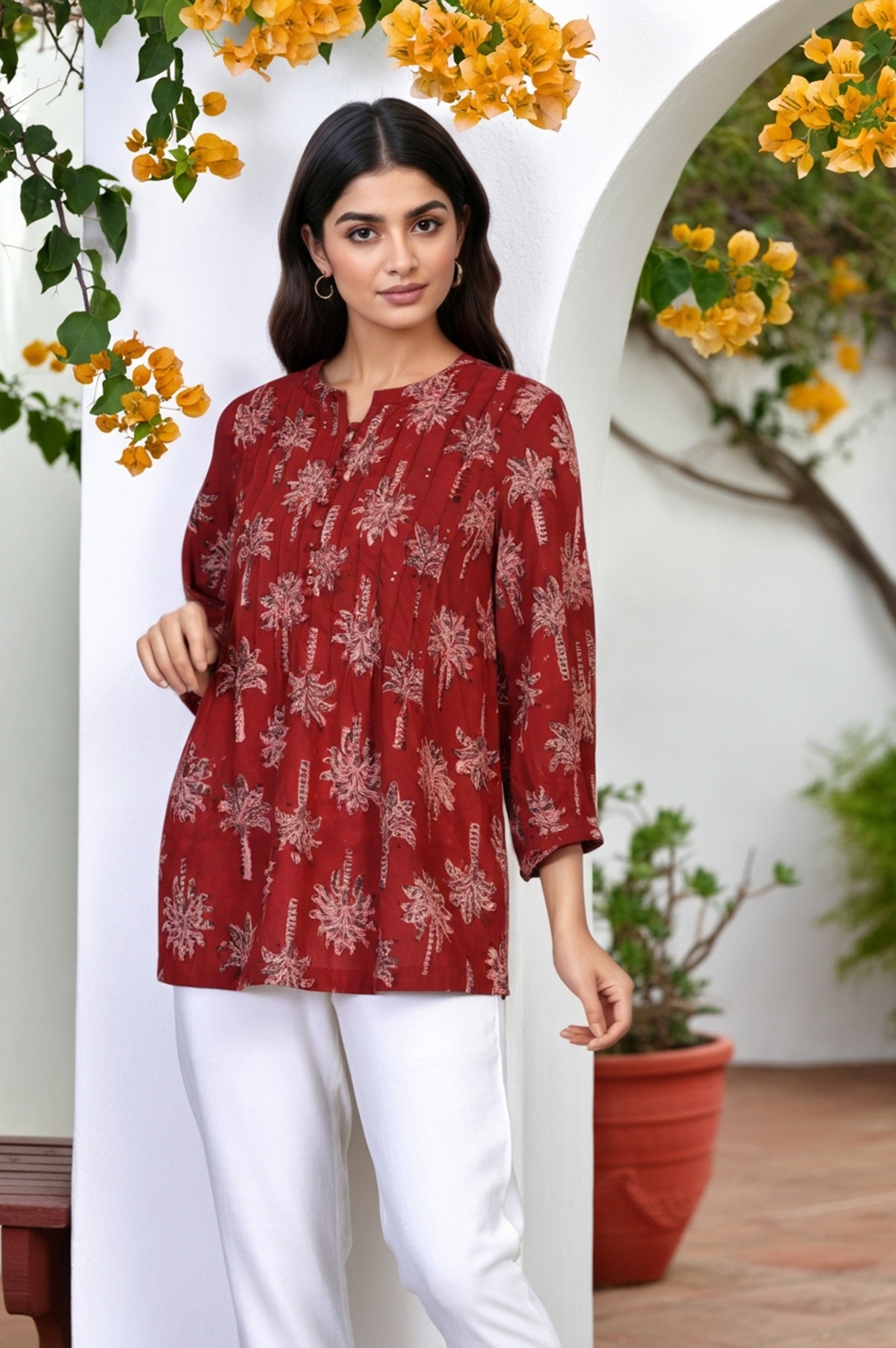 Red Kalamkari Printed Mirror Work Straight Cotton Top